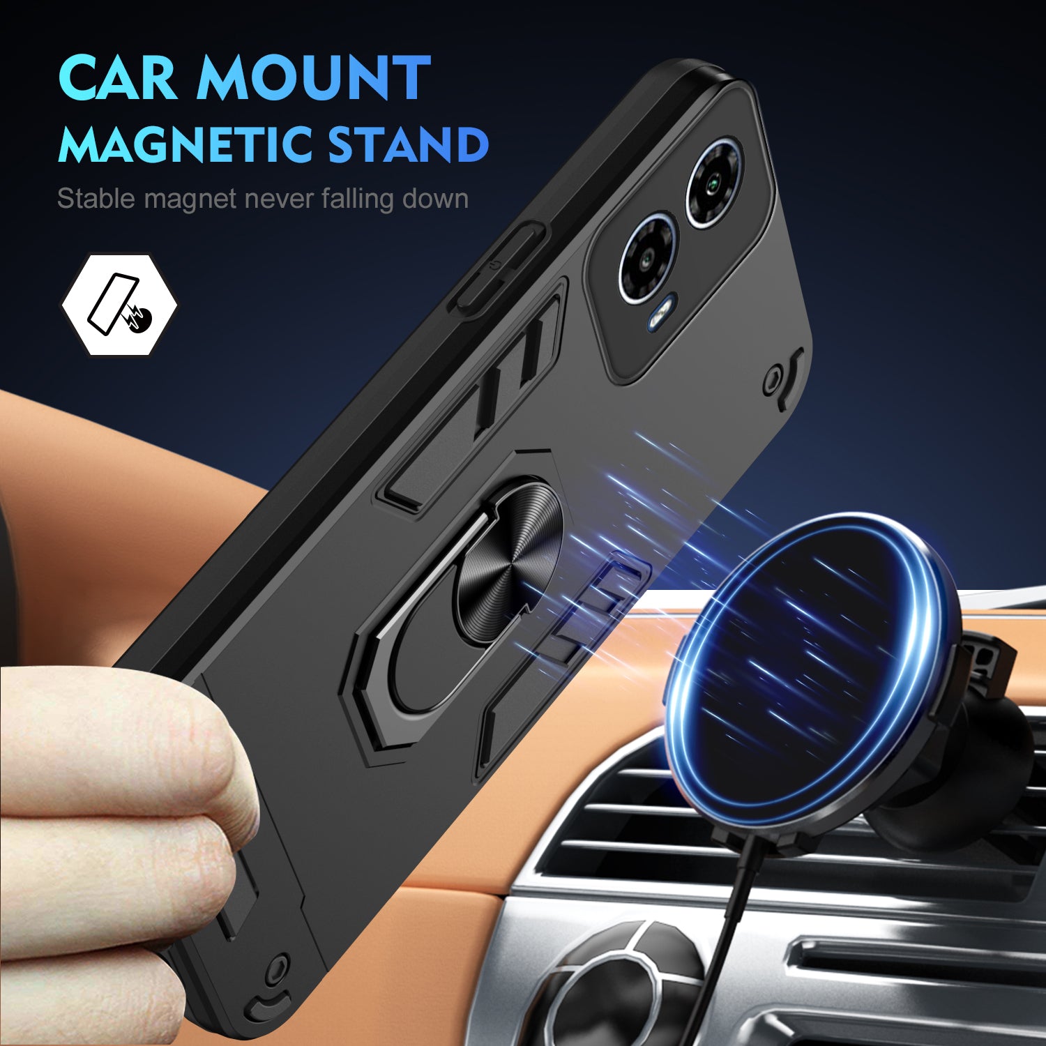 For Motorola Moto G34 5G Case Kickstand Hybrid PC+TPU Phone Cover with Car Mount Metal Sheet