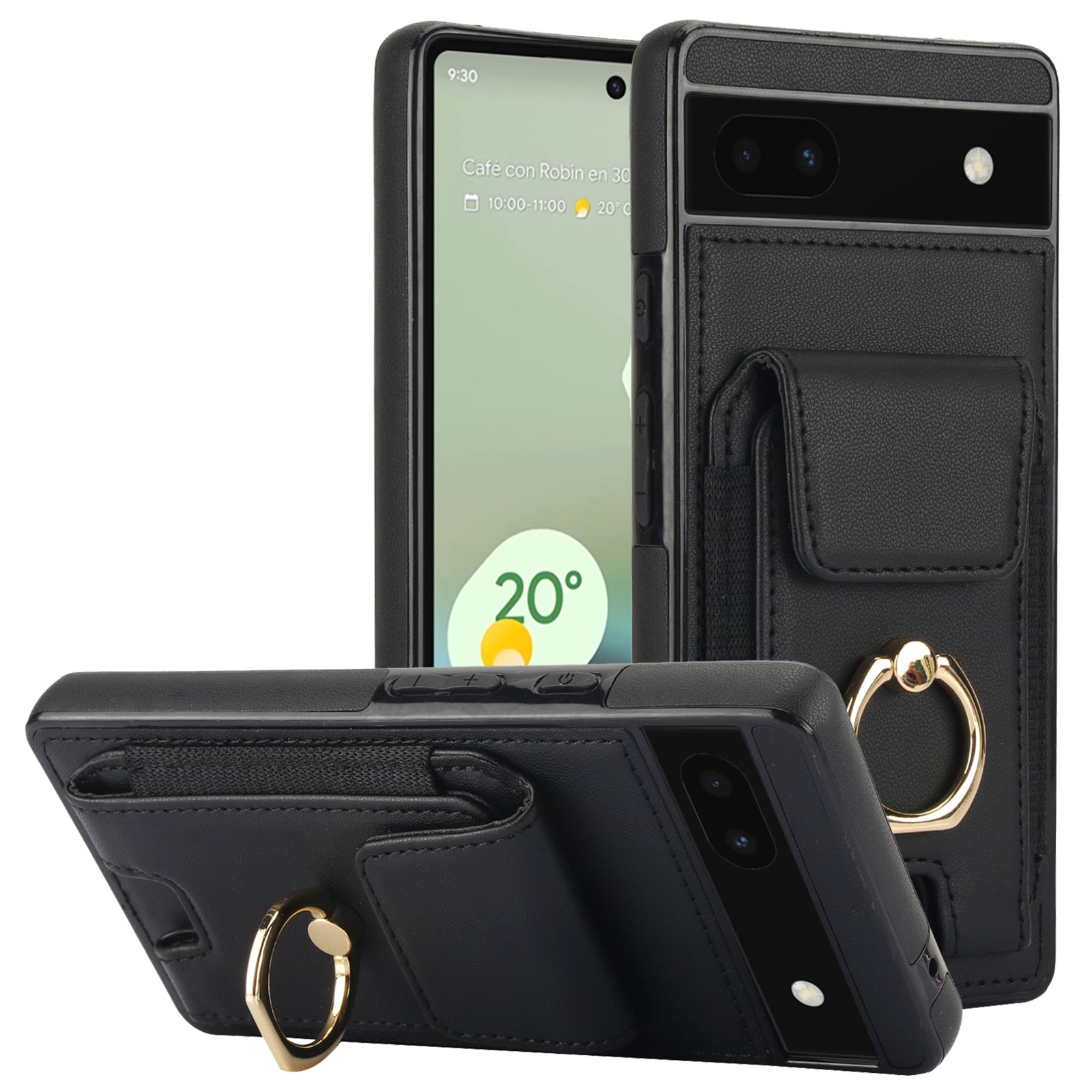 For Google Pixel 6a Phone Case PU Leather+TPU Card Holder Cover with Ring Holder