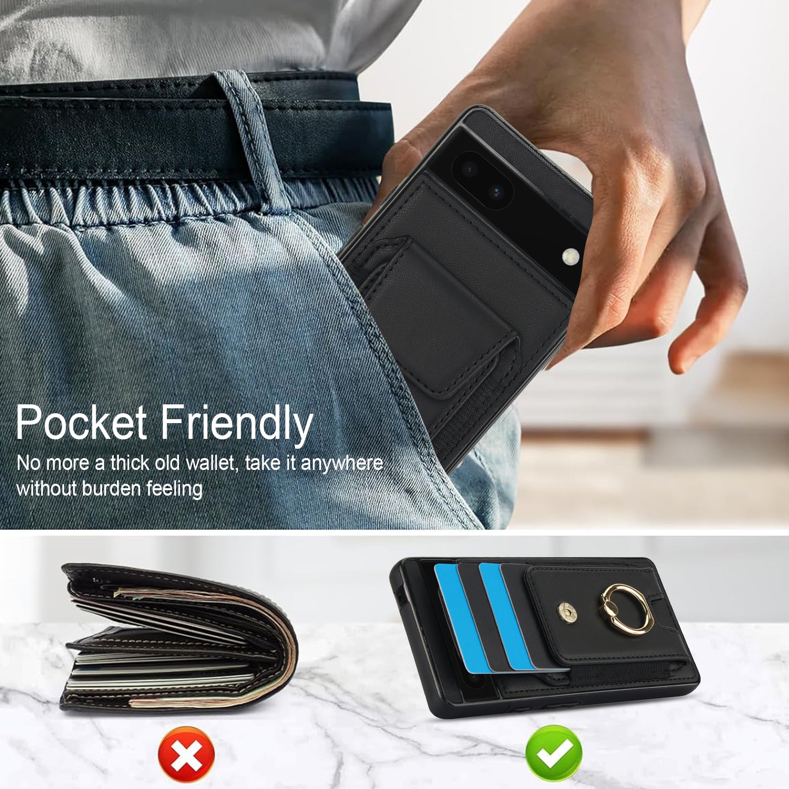 For Google Pixel 6a Phone Case PU Leather+TPU Card Holder Cover with Ring Holder