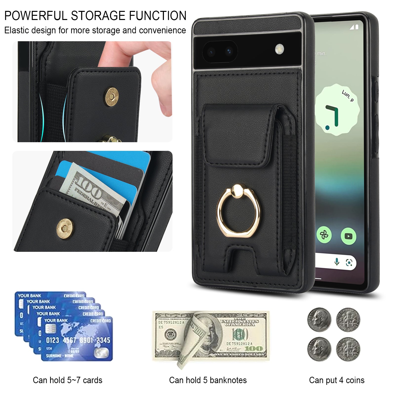 For Google Pixel 6a Phone Case PU Leather+TPU Card Holder Cover with Ring Holder