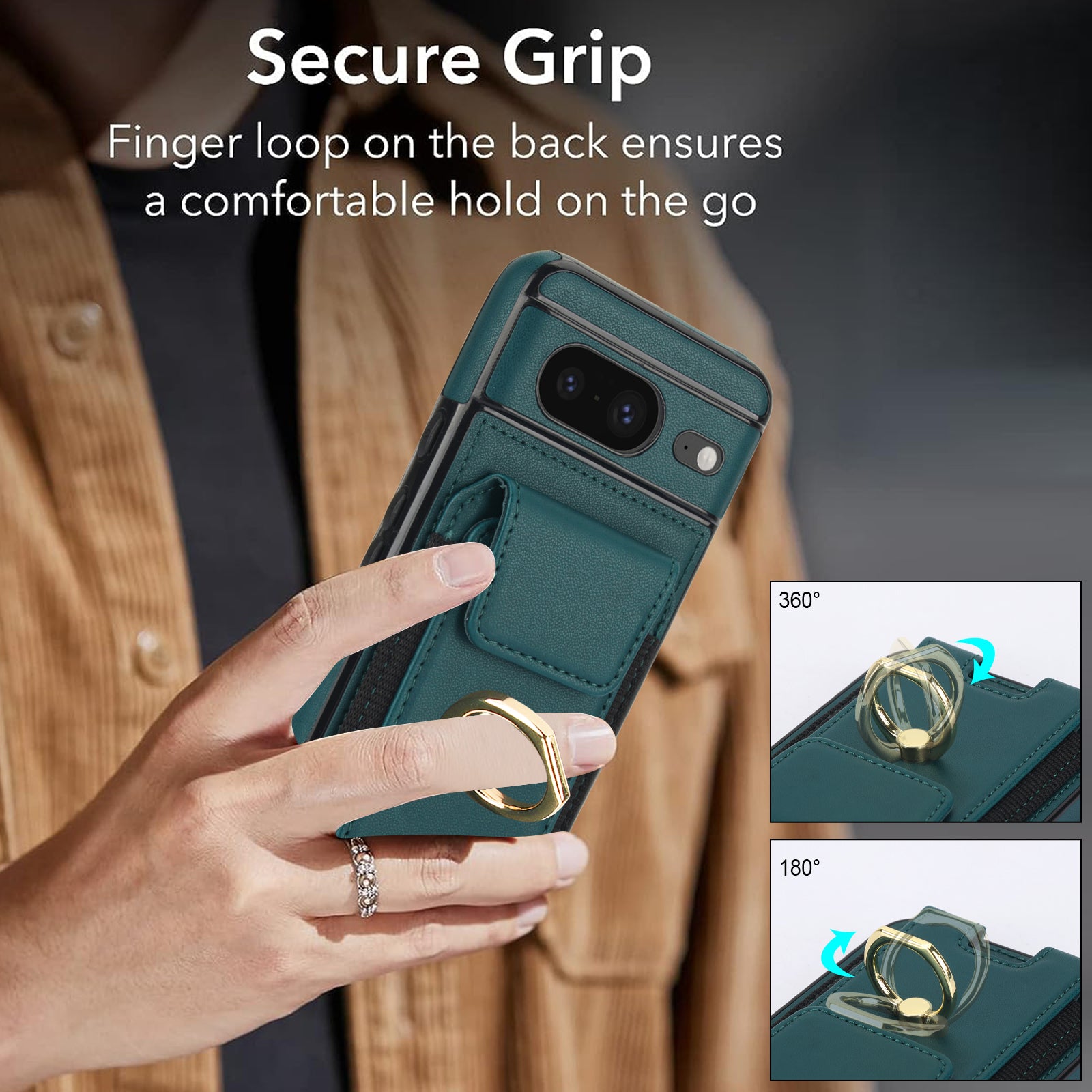 For Google Pixel 8 Case Ring Holder PU Leather+TPU Card Holder Phone Cover