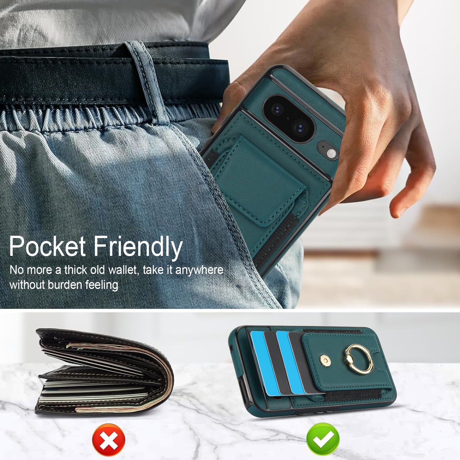 For Google Pixel 8 Case Ring Holder PU Leather+TPU Card Holder Phone Cover