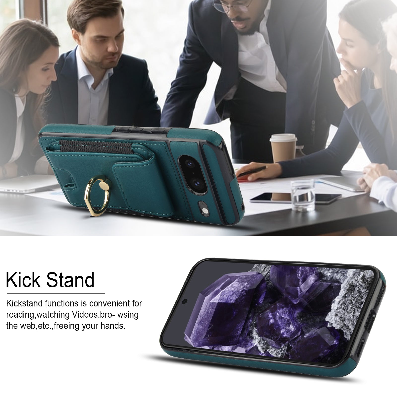 For Google Pixel 8 Case Ring Holder PU Leather+TPU Card Holder Phone Cover