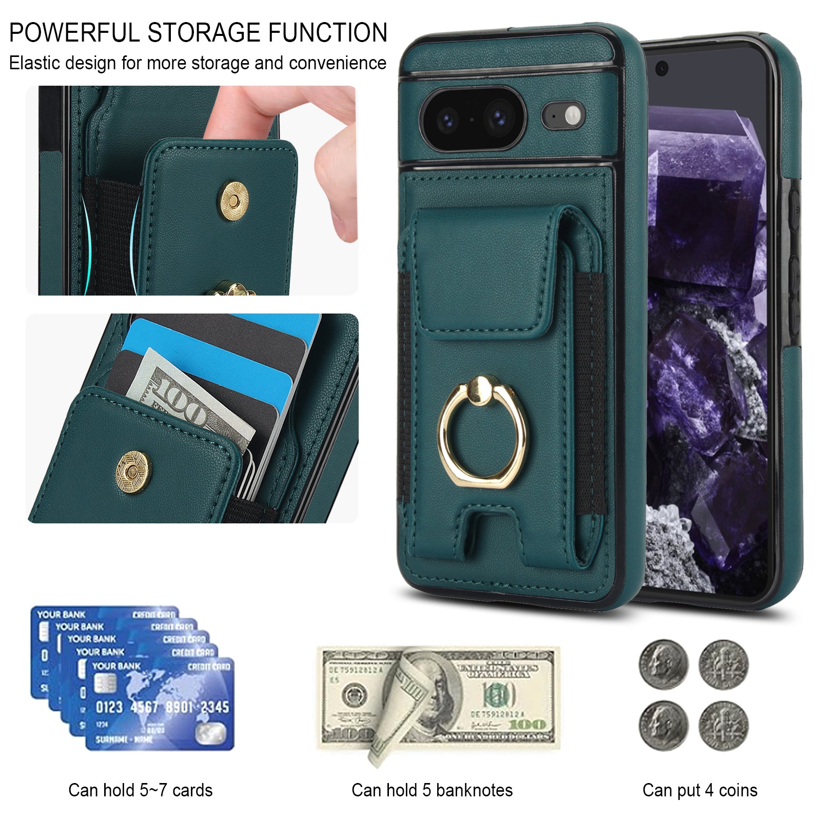 For Google Pixel 8 Case Ring Holder PU Leather+TPU Card Holder Phone Cover