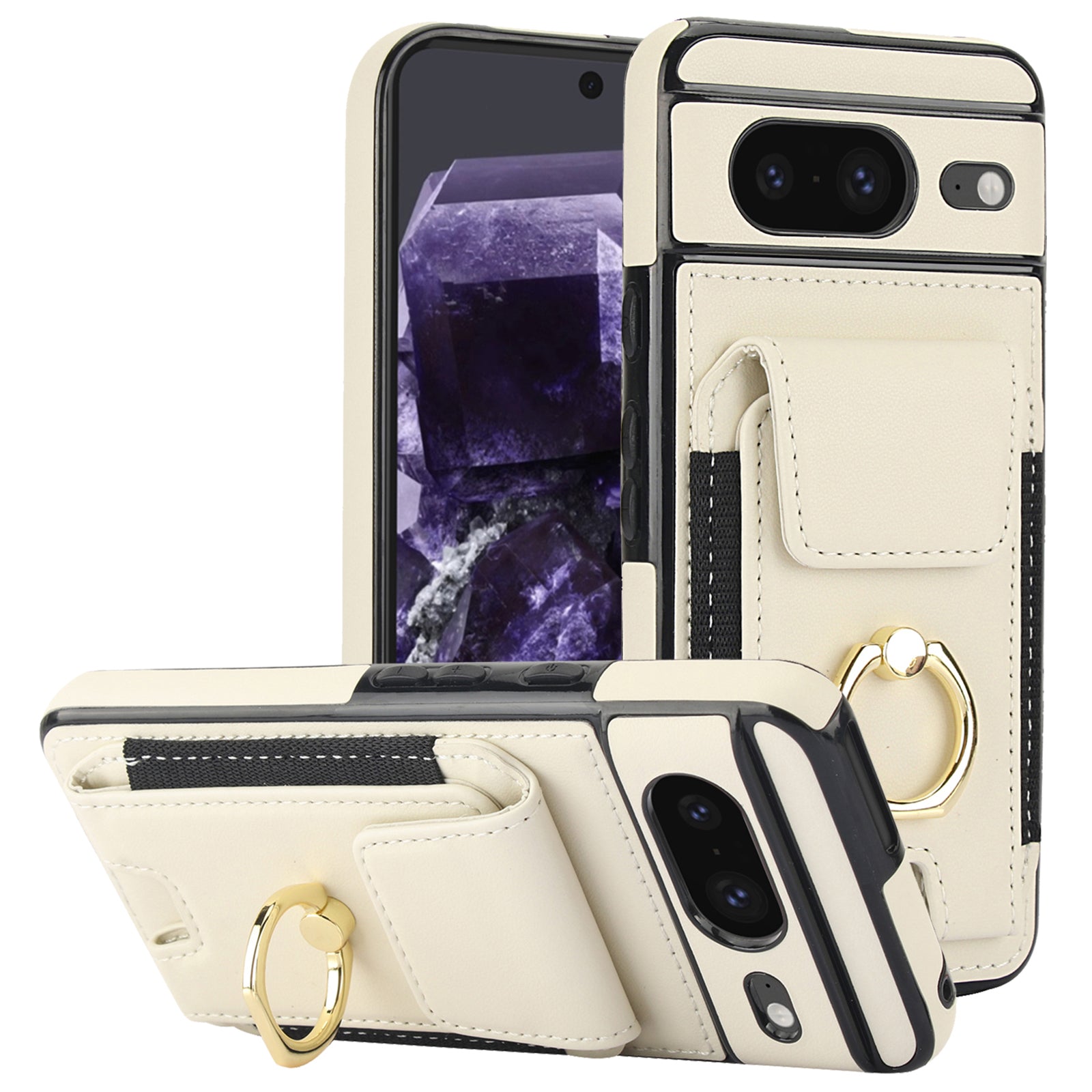 For Google Pixel 8 Case Ring Holder PU Leather+TPU Card Holder Phone Cover