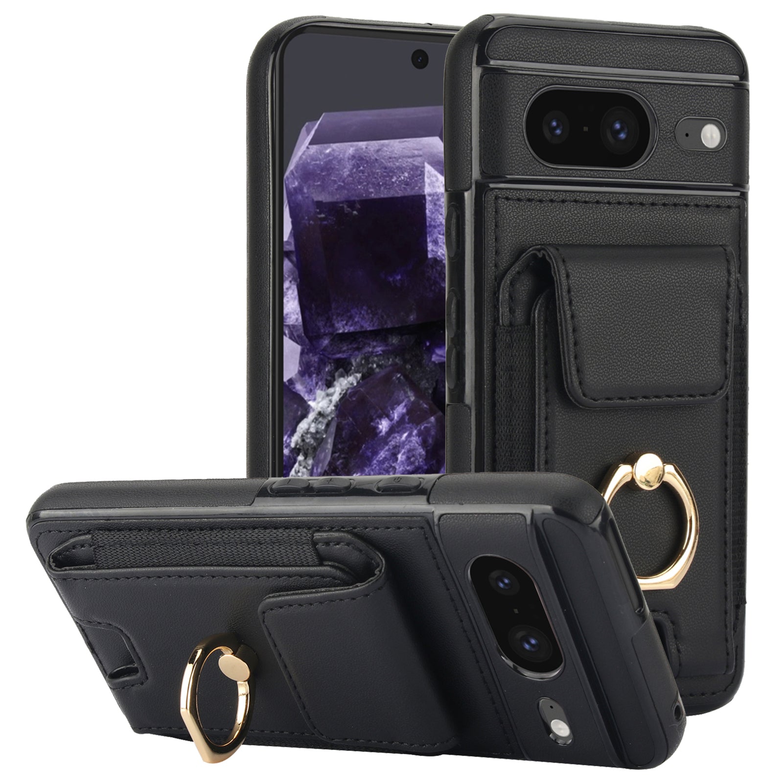 For Google Pixel 8 Case Ring Holder PU Leather+TPU Card Holder Phone Cover