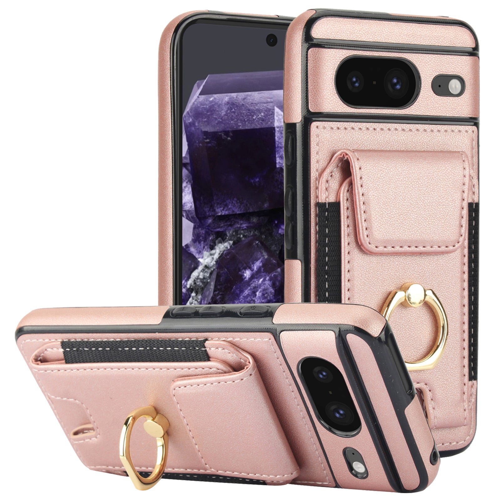 For Google Pixel 8 Case Ring Holder PU Leather+TPU Card Holder Phone Cover