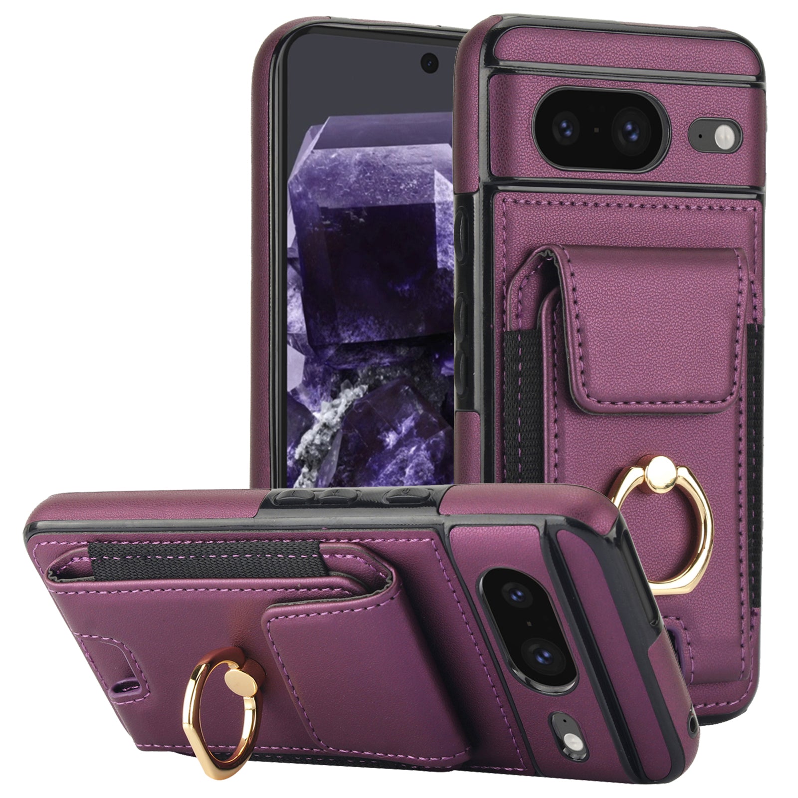 For Google Pixel 8 Case Ring Holder PU Leather+TPU Card Holder Phone Cover