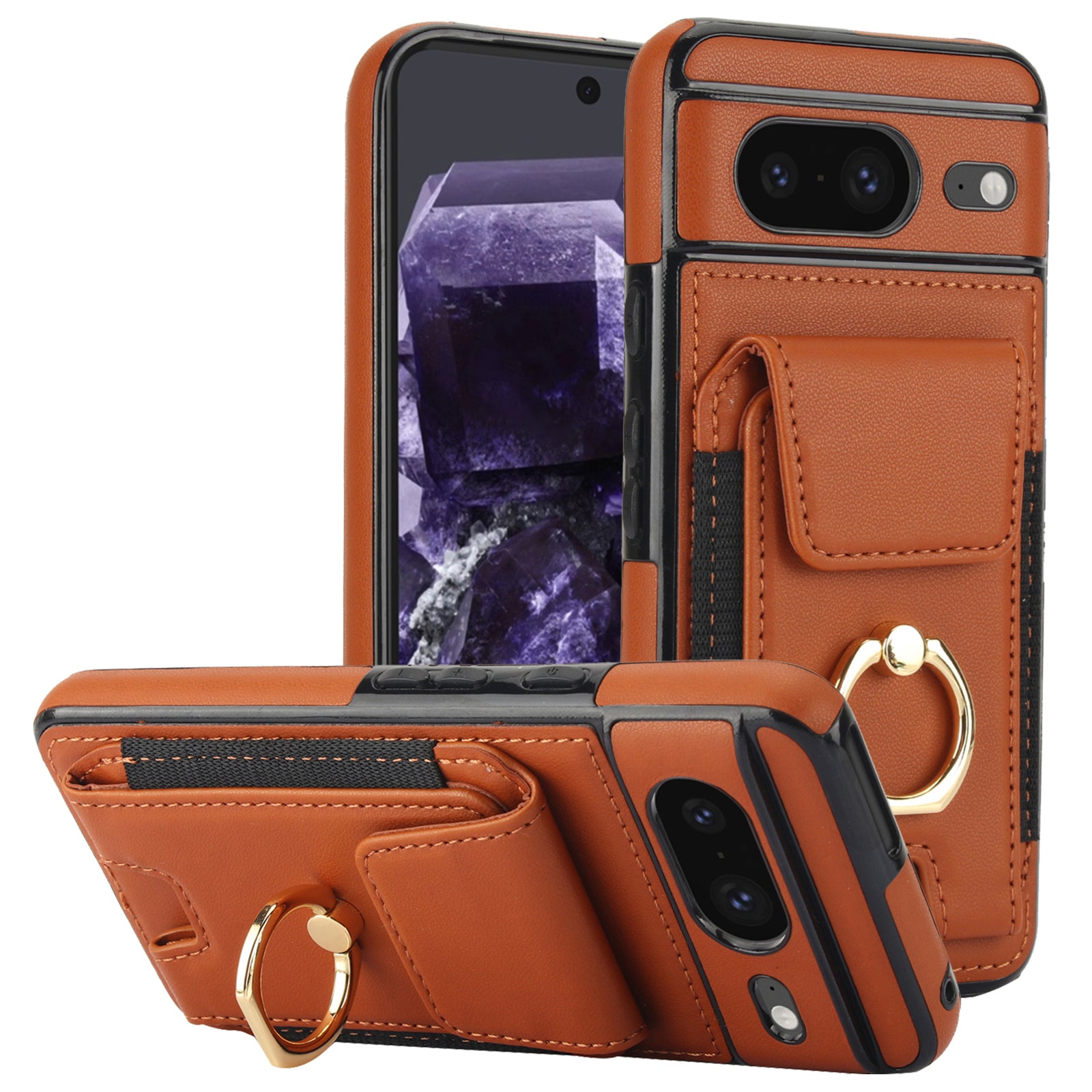 For Google Pixel 8 Case Ring Holder PU Leather+TPU Card Holder Phone Cover
