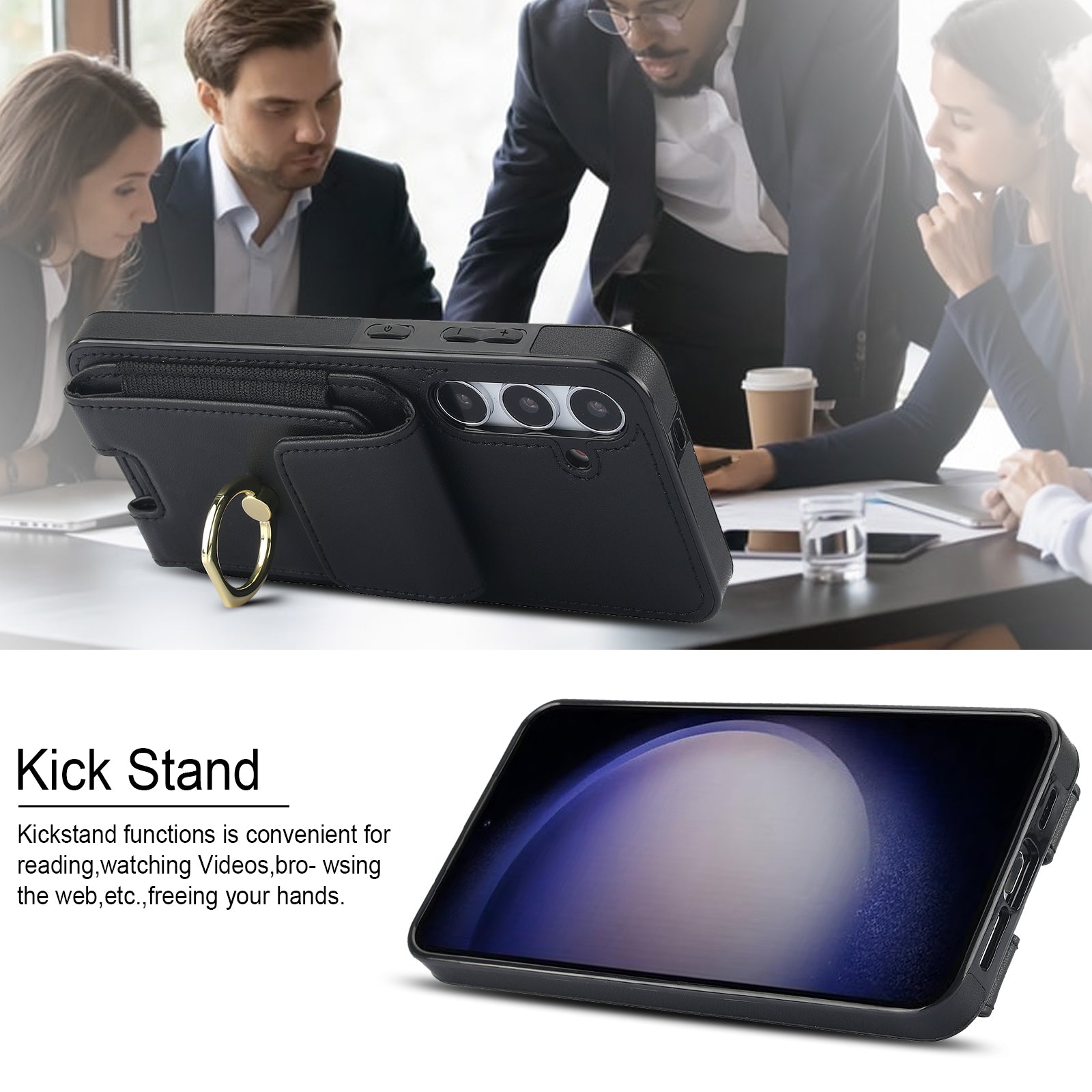 For Samsung Galaxy S24+ Case Drop-proof PU Leather+TPU Kickstand Smart Phone Cover
