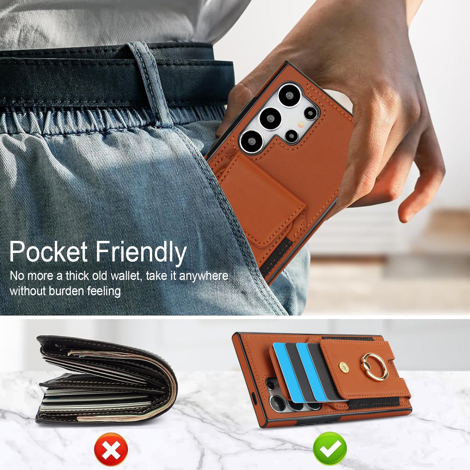 For Samsung Galaxy S24 Ultra Case with Ring Kickstand Leather Coated TPU Phone Cover