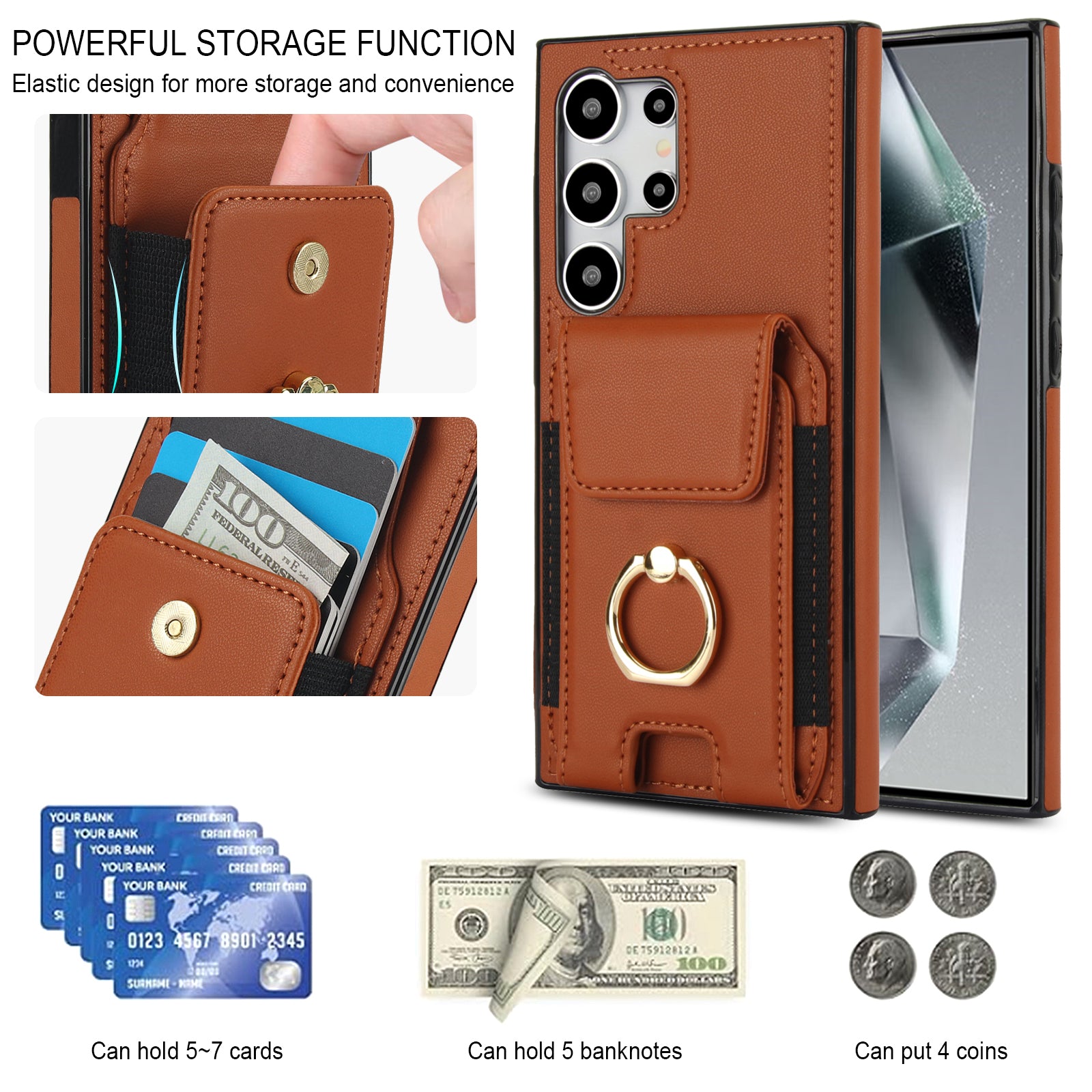 For Samsung Galaxy S24 Ultra Case with Ring Kickstand Leather Coated TPU Phone Cover