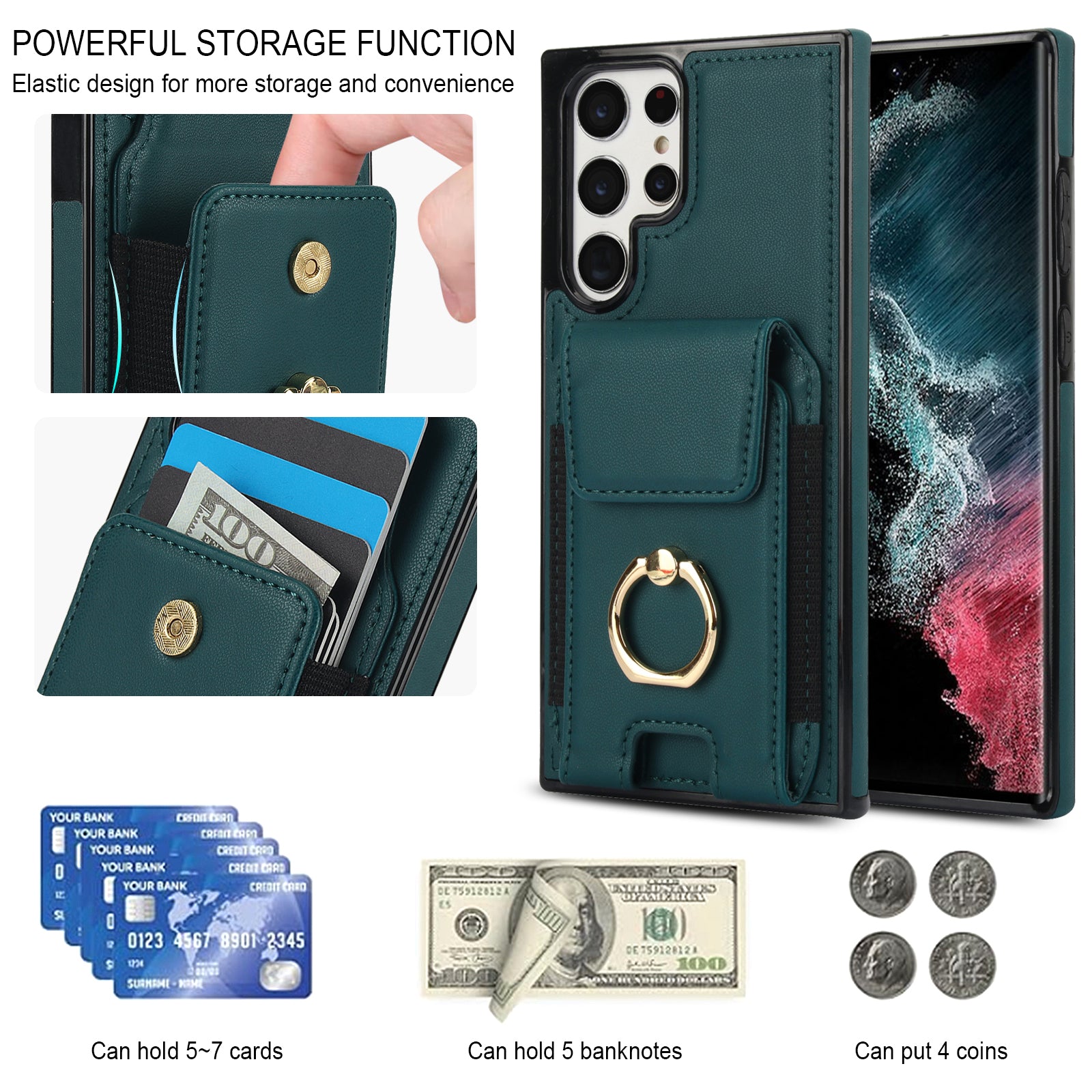 For Samsung Galaxy S22 Ultra 5G Case Card Holder Leather Coated TPU Kickstand Cover