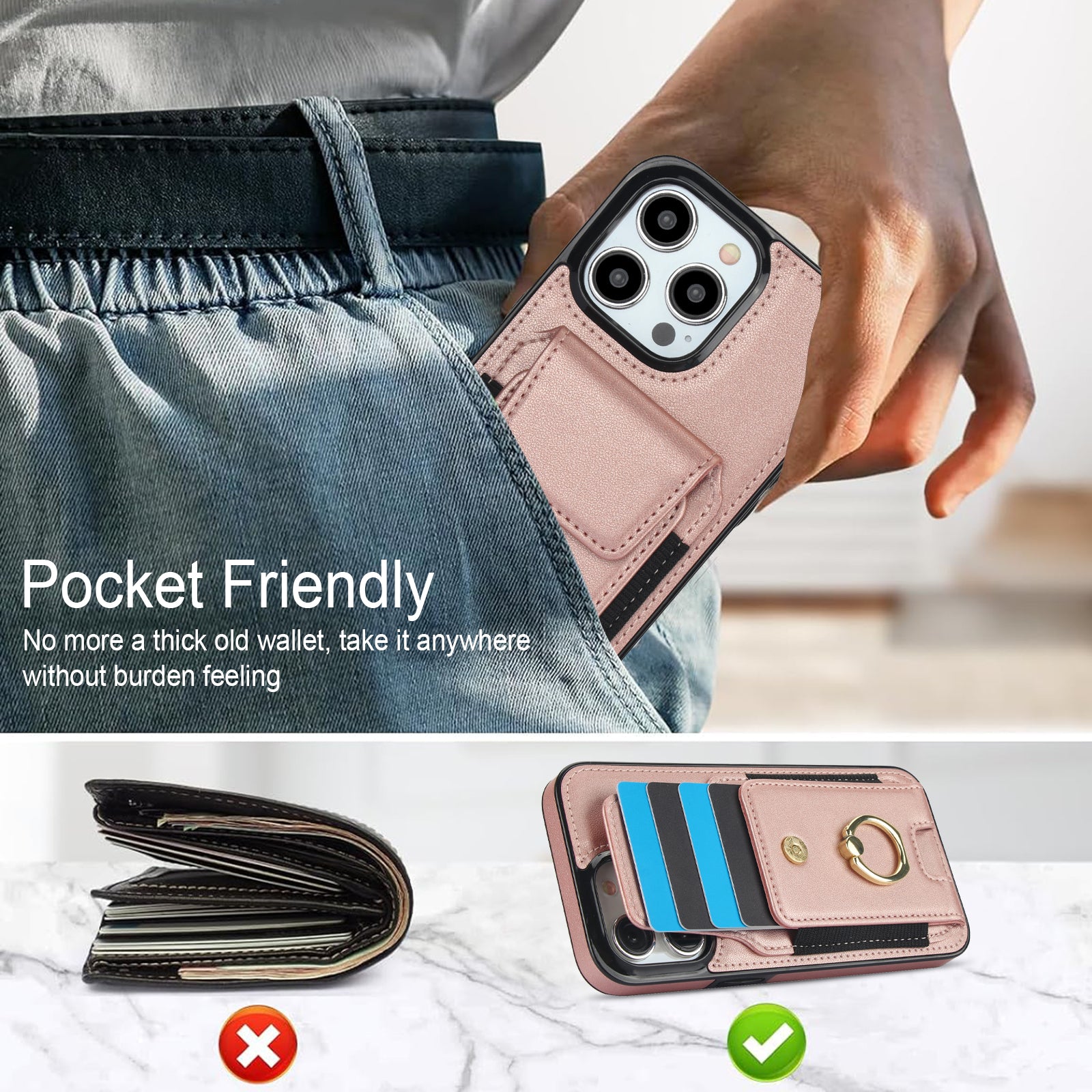 For iPhone 15 Pro Case PU Leather + TPU Anti-Drop Kickstand Phone Cover