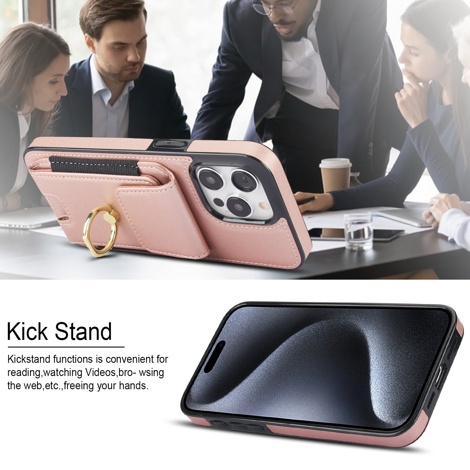 For iPhone 15 Pro Case PU Leather + TPU Anti-Drop Kickstand Phone Cover