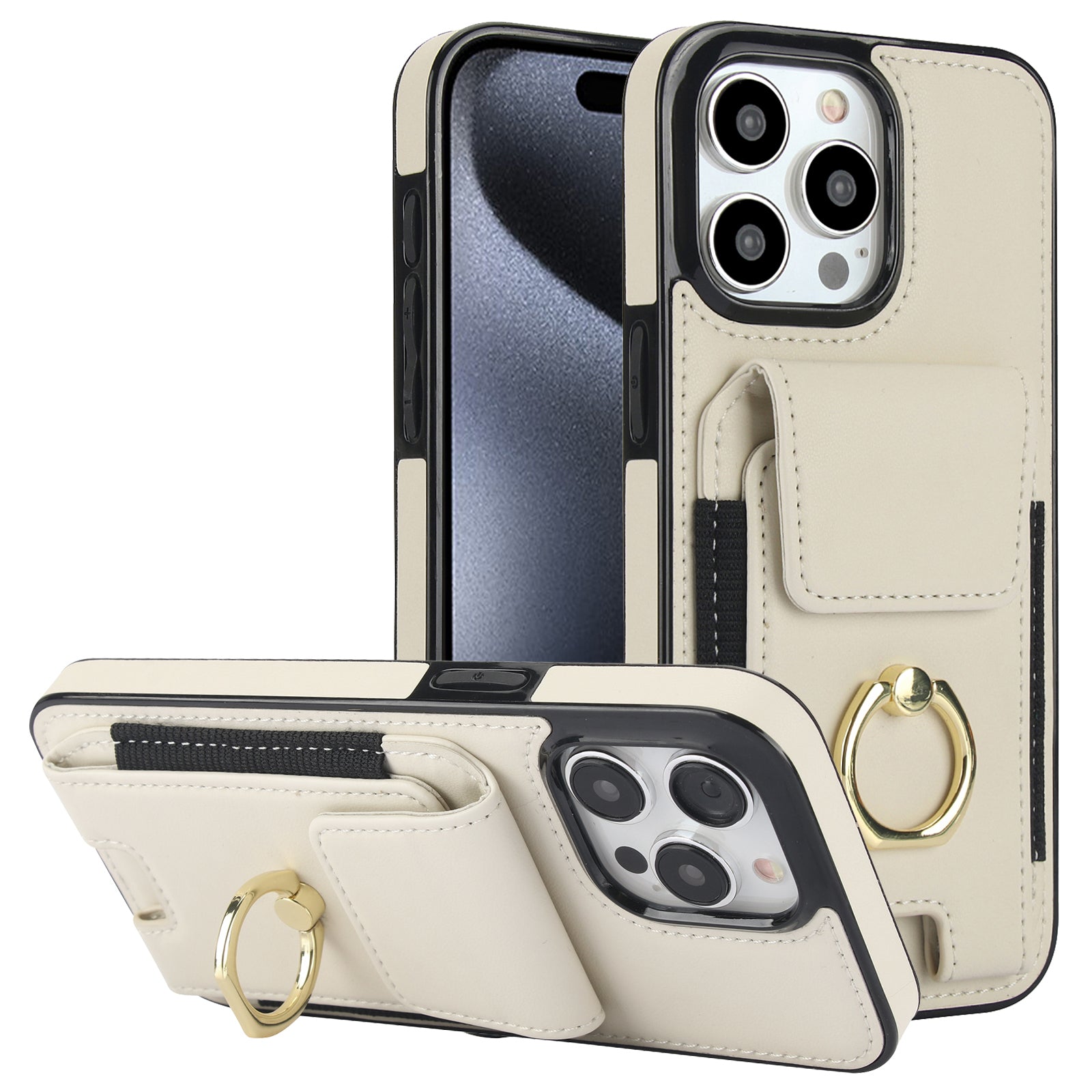 For iPhone 15 Pro Case PU Leather + TPU Anti-Drop Kickstand Phone Cover