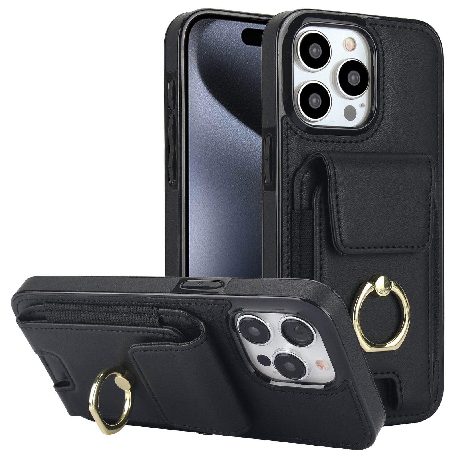 For iPhone 15 Pro Case PU Leather + TPU Anti-Drop Kickstand Phone Cover