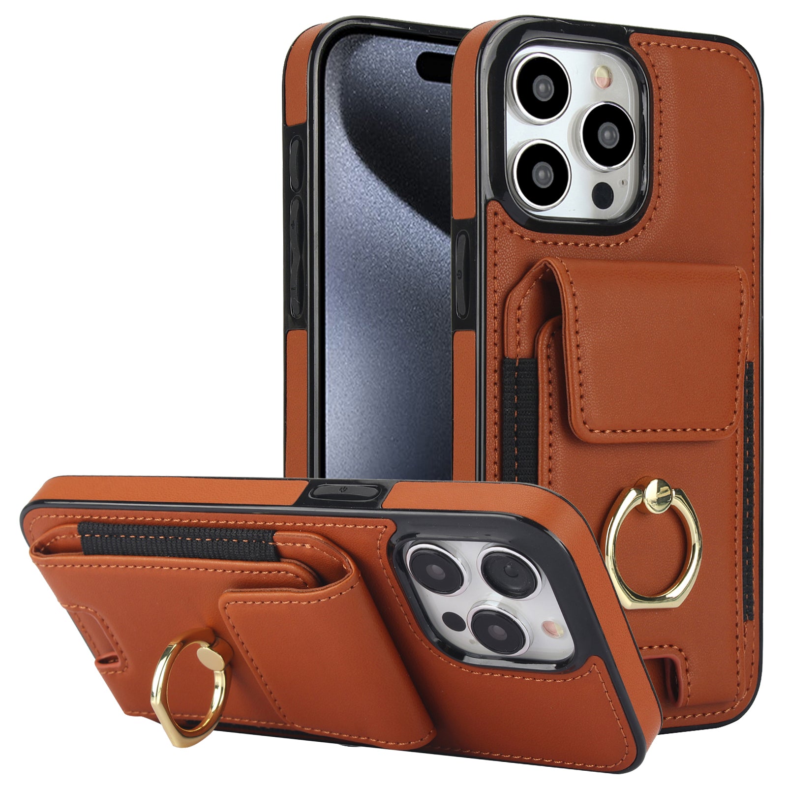 For iPhone 15 Pro Max Case PU Leather+TPU Kickstand Phone Cover with Card Slots