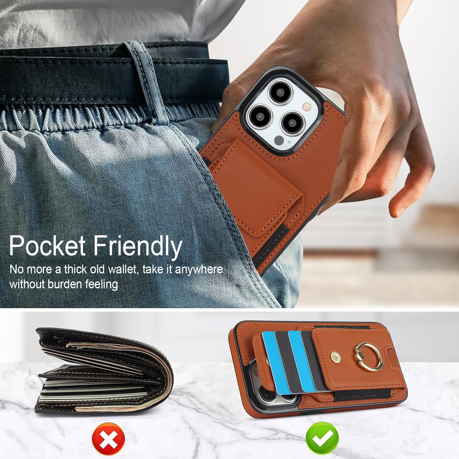 For iPhone 15 Pro Max Case PU Leather+TPU Kickstand Phone Cover with Card Slots
