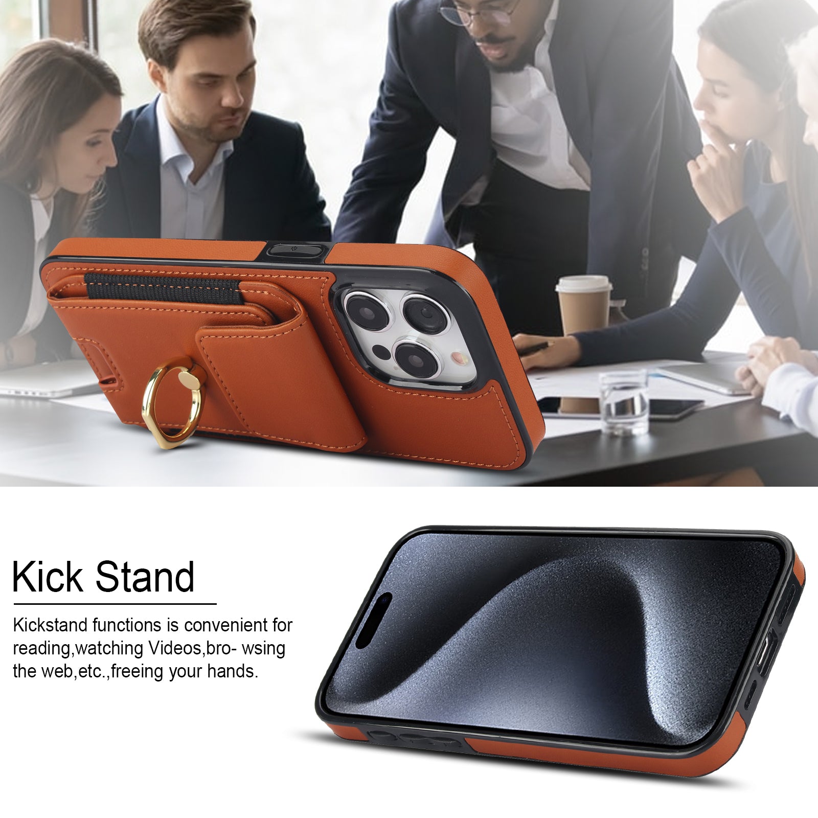 For iPhone 15 Pro Max Case PU Leather+TPU Kickstand Phone Cover with Card Slots
