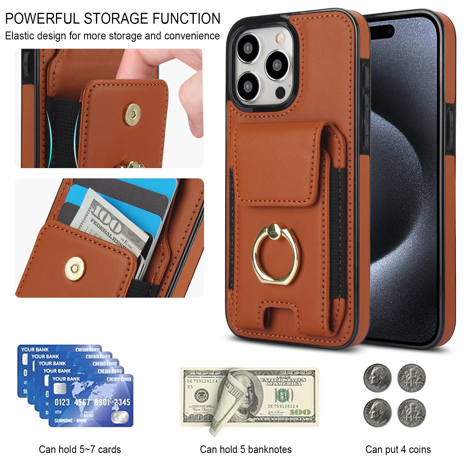 For iPhone 15 Pro Max Case PU Leather+TPU Kickstand Phone Cover with Card Slots