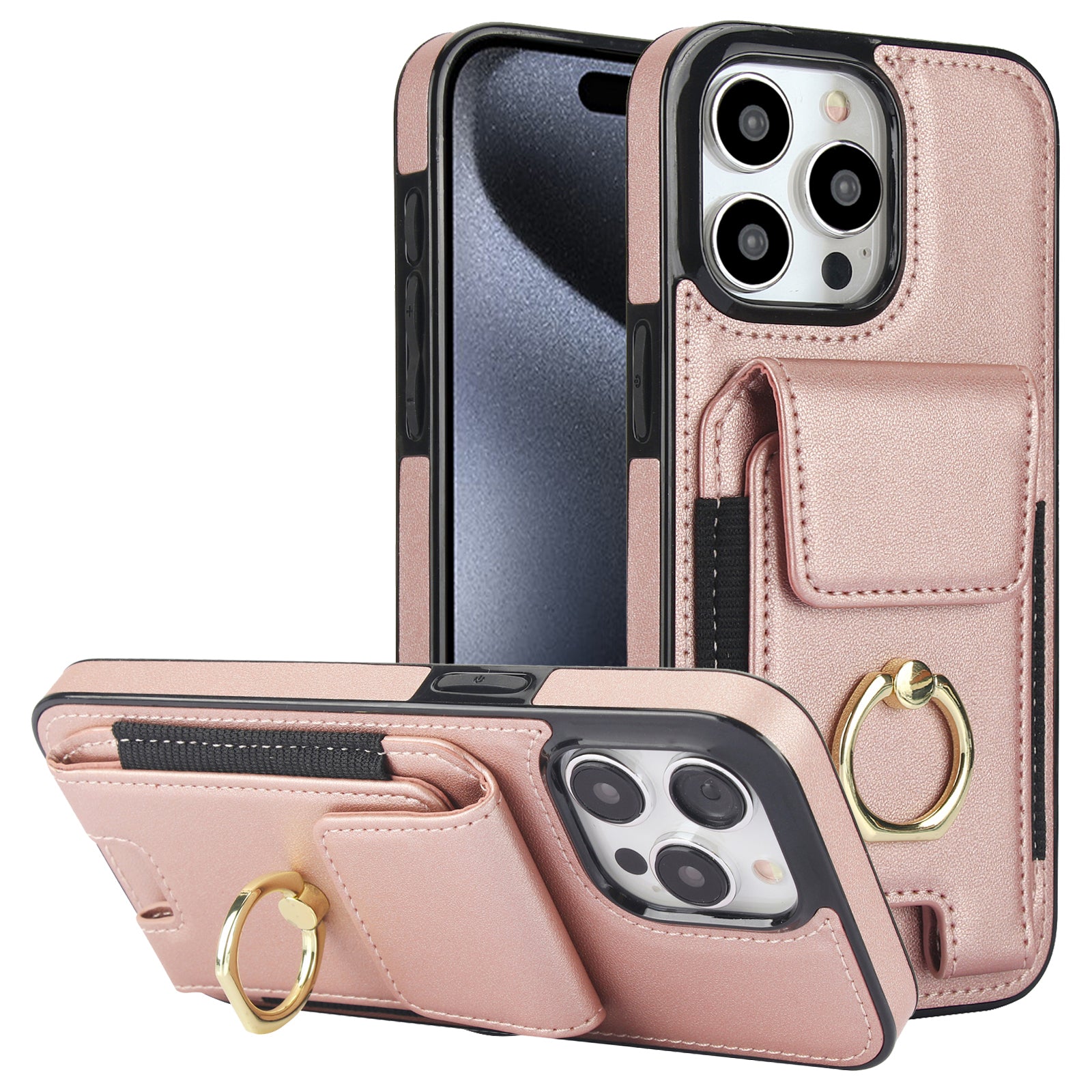 For iPhone 15 Pro Max Case PU Leather+TPU Kickstand Phone Cover with Card Slots