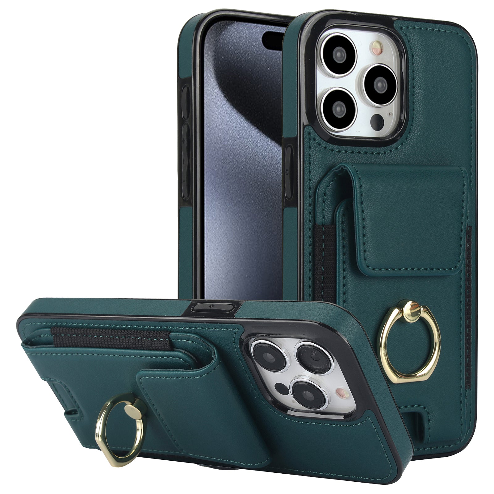 For iPhone 15 Pro Max Case PU Leather+TPU Kickstand Phone Cover with Card Slots