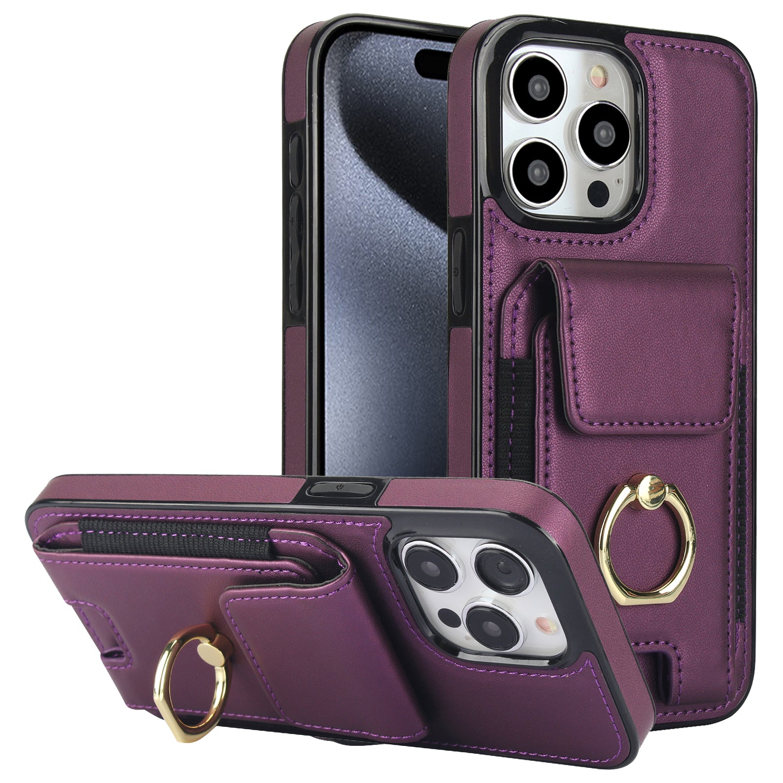 For iPhone 15 Pro Max Case PU Leather+TPU Kickstand Phone Cover with Card Slots