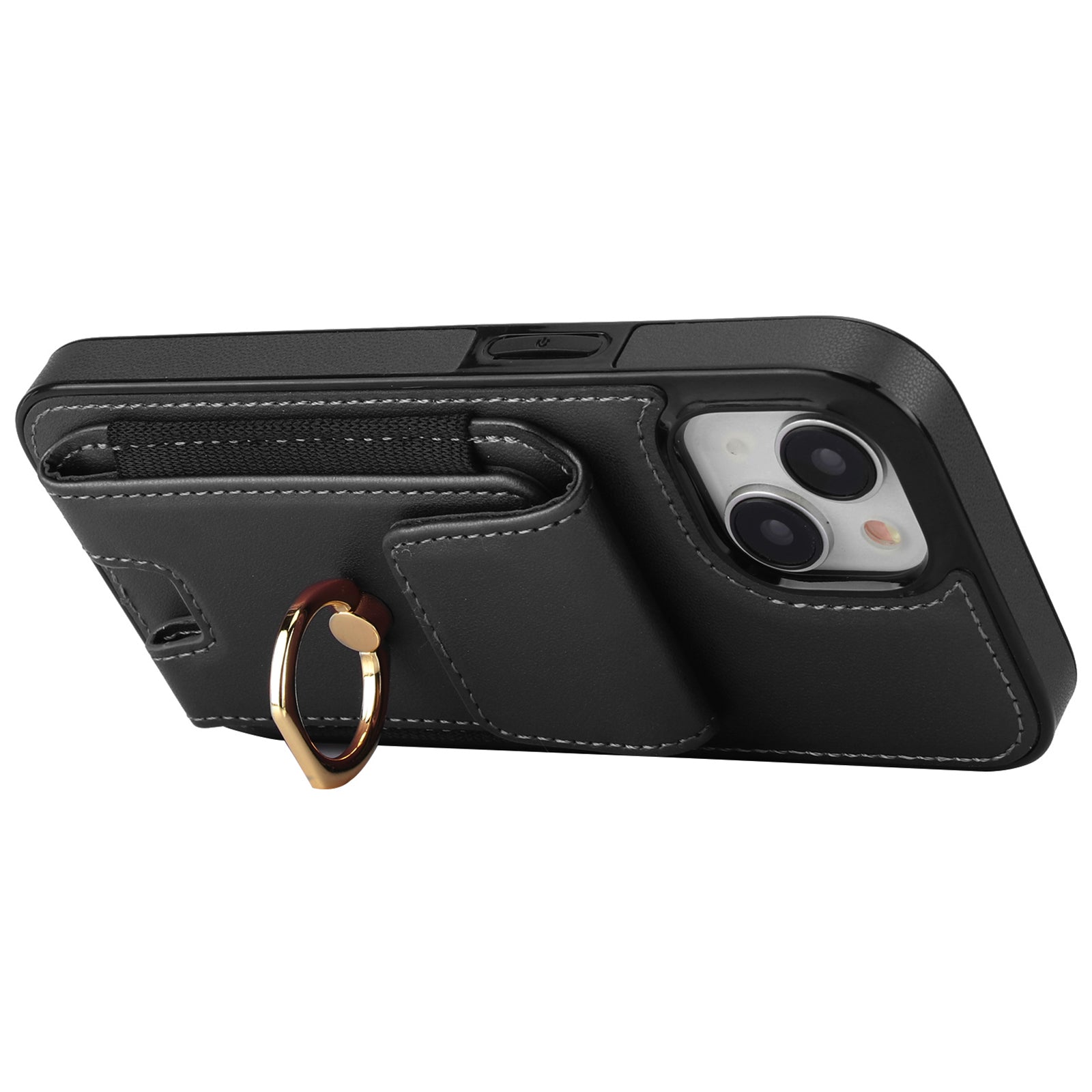 For iPhone 15 Plus Kickstand Case Drop-proof PU Leather+TPU Phone Protector