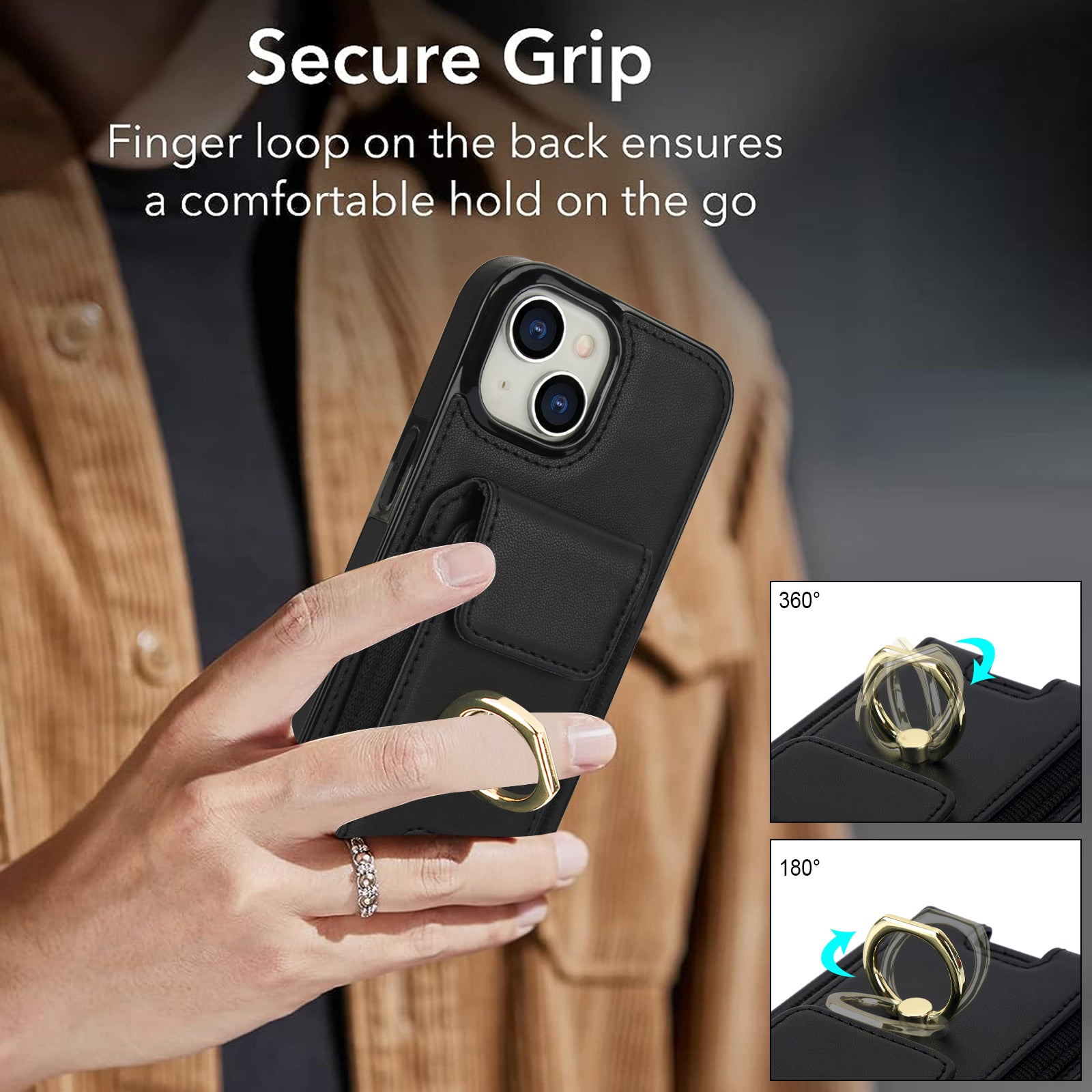 For iPhone 15 Plus Kickstand Case Drop-proof PU Leather+TPU Phone Protector