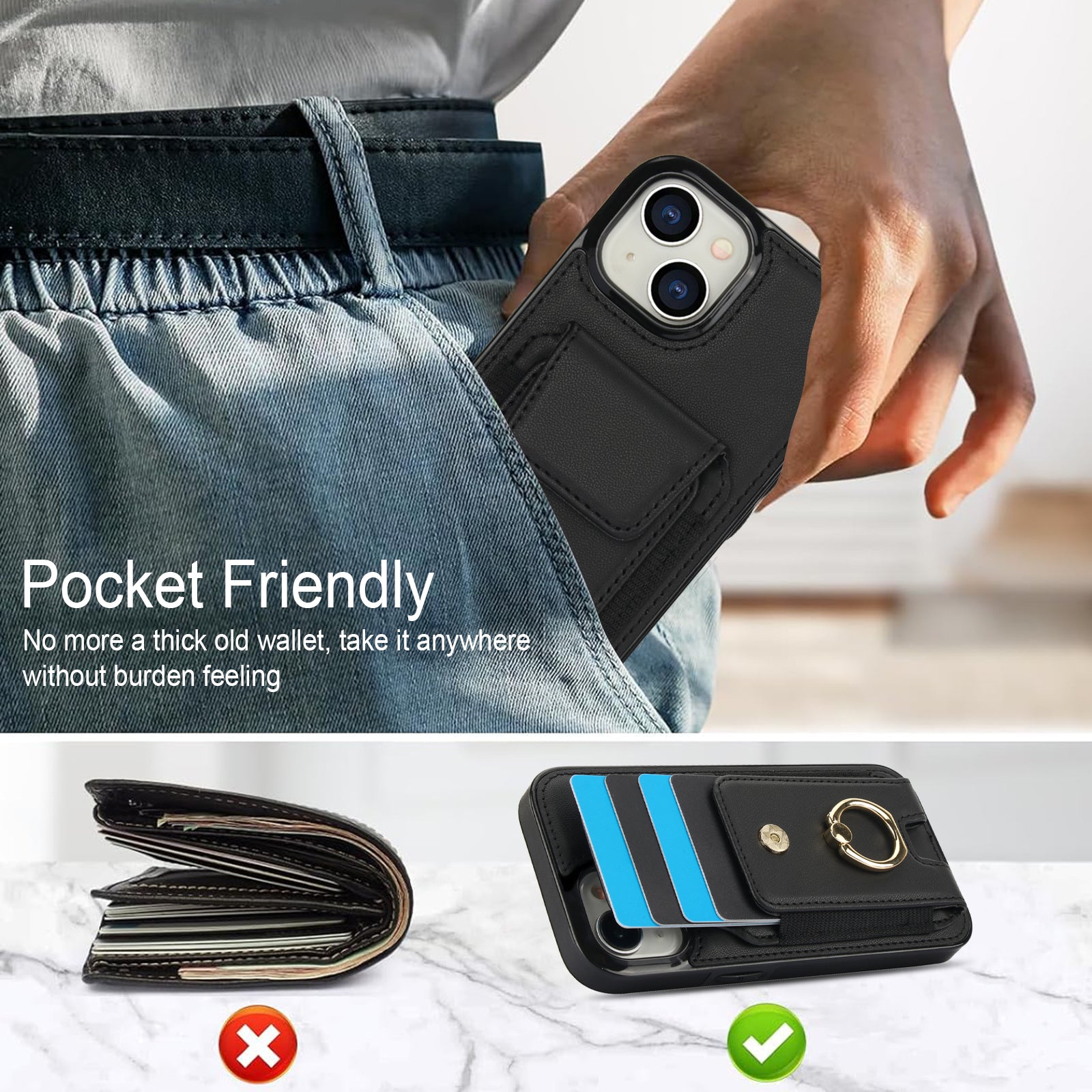 For iPhone 15 Plus Kickstand Case Drop-proof PU Leather+TPU Phone Protector