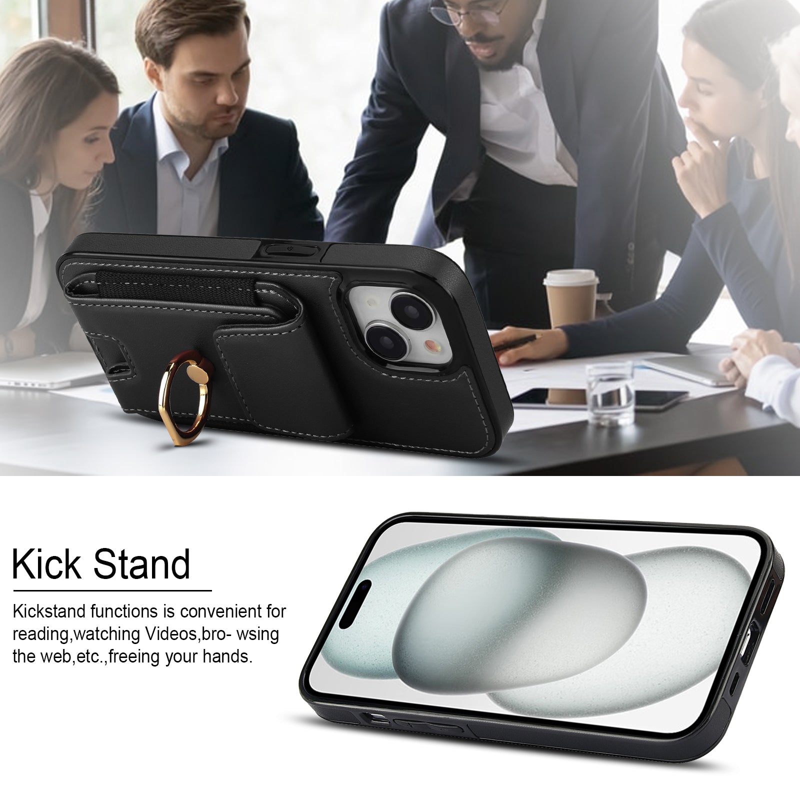 For iPhone 15 Plus Kickstand Case Drop-proof PU Leather+TPU Phone Protector