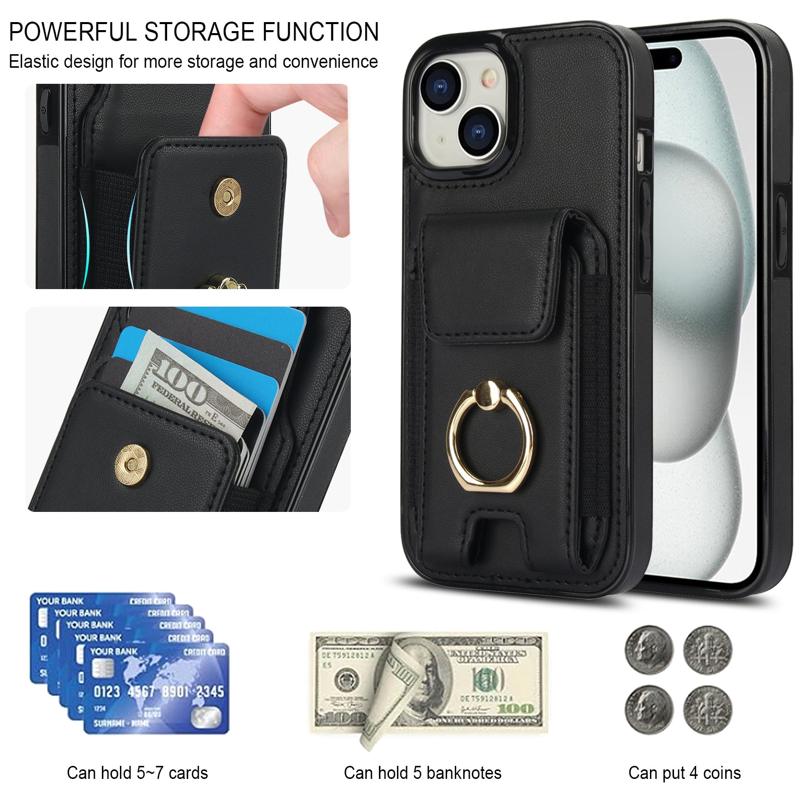 For iPhone 15 Plus Kickstand Case Drop-proof PU Leather+TPU Phone Protector