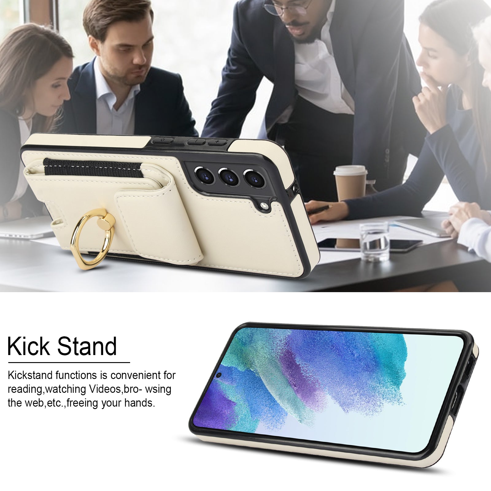 ForSamsung Galaxy S22 5G Anti-Drop Phone Case PU Leather + TPU Kickstand Phone Cover