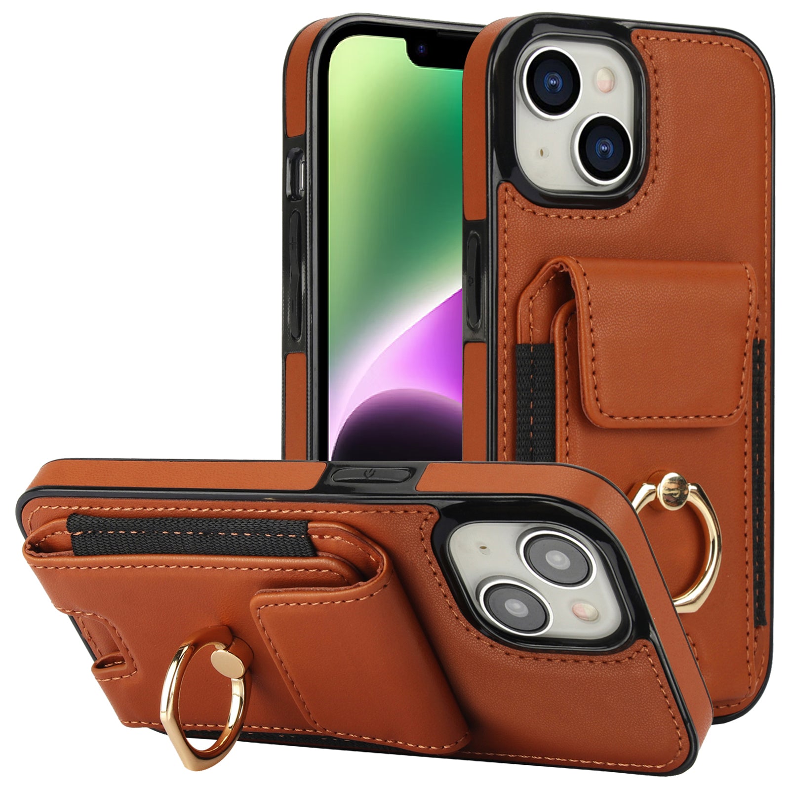For iPhone 14 Case Card Holder Leather Coated TPU Shockproof Phone Cover with Ring Kickstand
