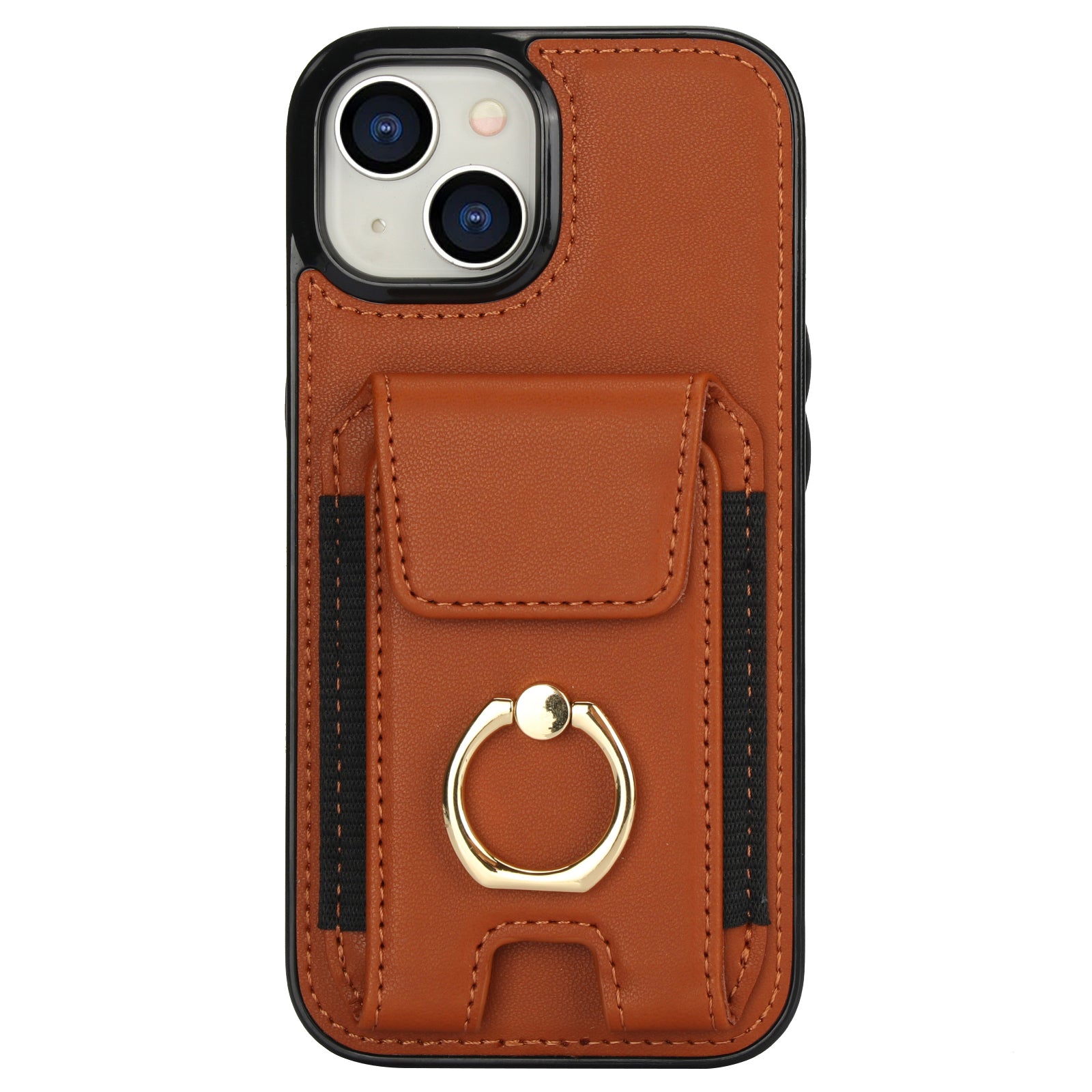 For iPhone 14 Case Card Holder Leather Coated TPU Shockproof Phone Cover with Ring Kickstand