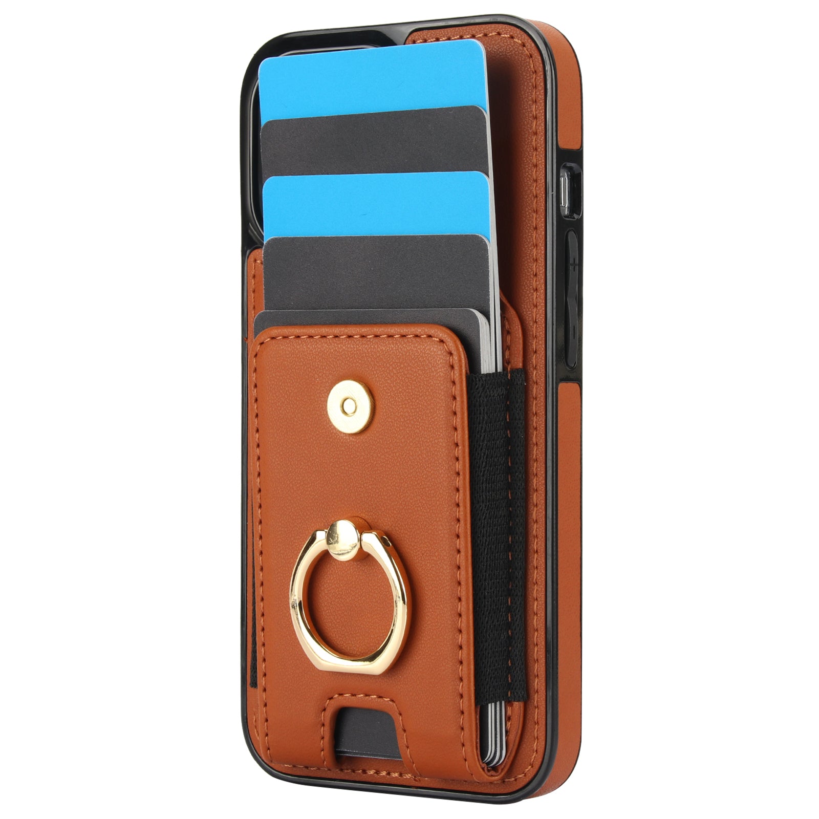 For iPhone 14 Case Card Holder Leather Coated TPU Shockproof Phone Cover with Ring Kickstand