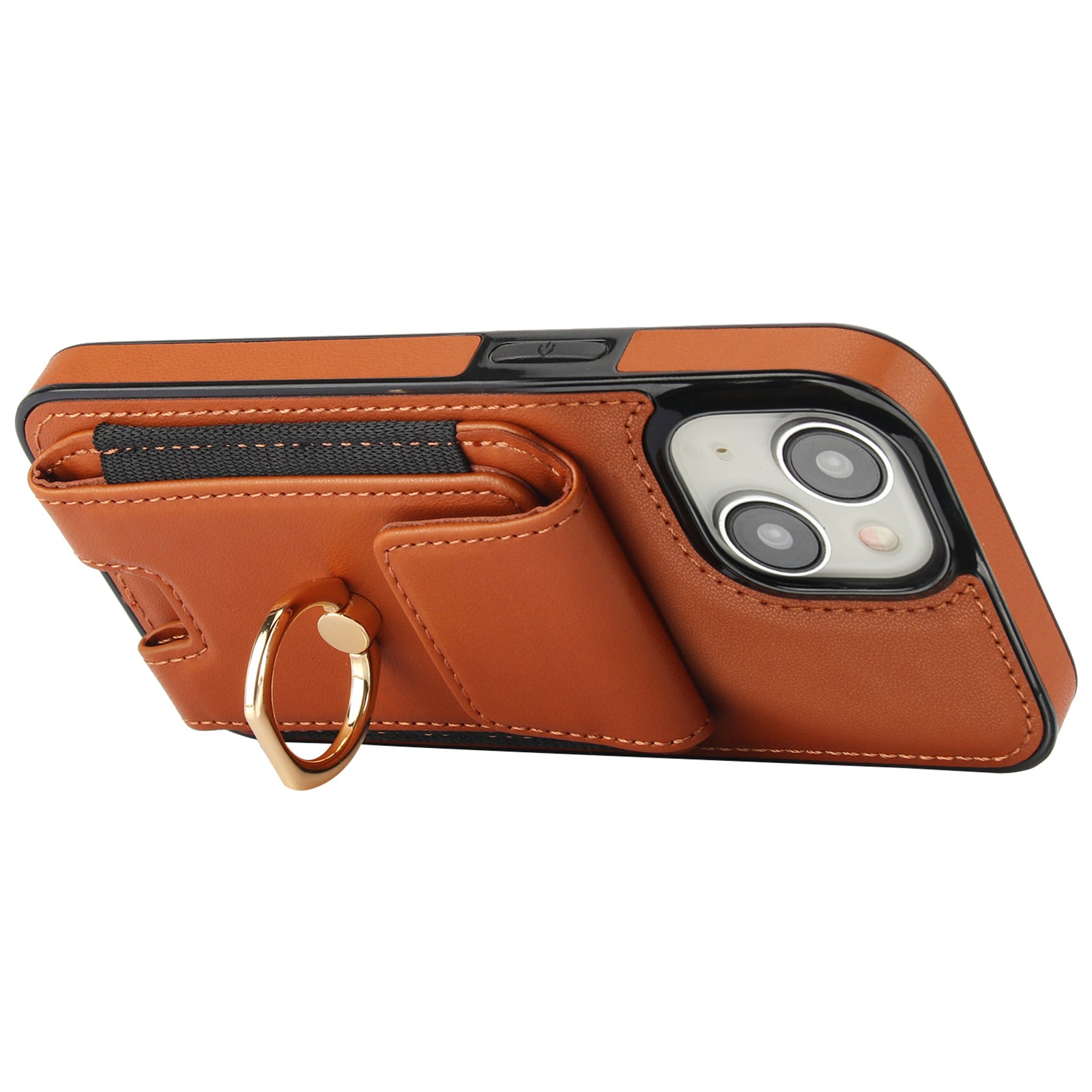 For iPhone 14 Case Card Holder Leather Coated TPU Shockproof Phone Cover with Ring Kickstand