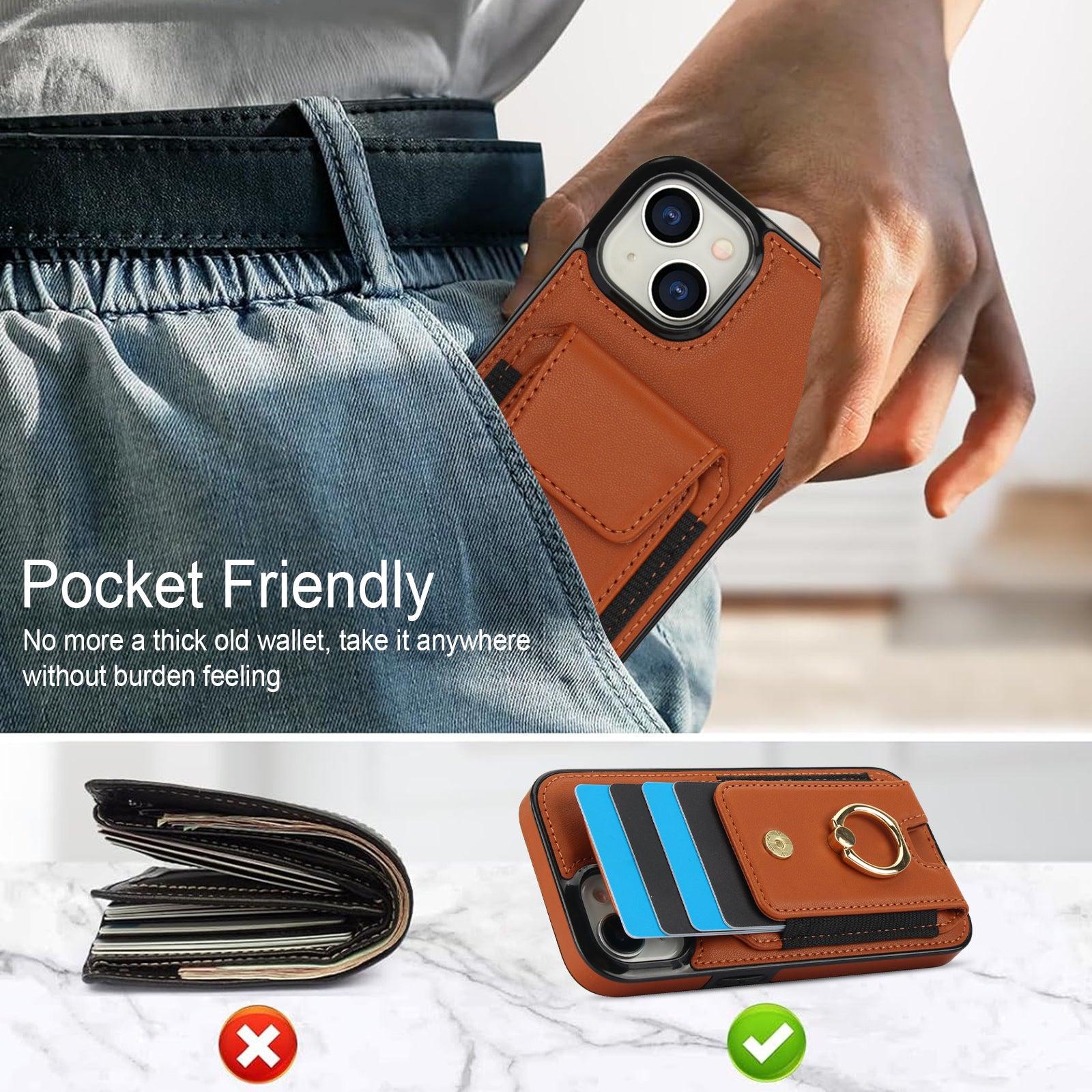 For iPhone 14 Case Card Holder Leather Coated TPU Shockproof Phone Cover with Ring Kickstand