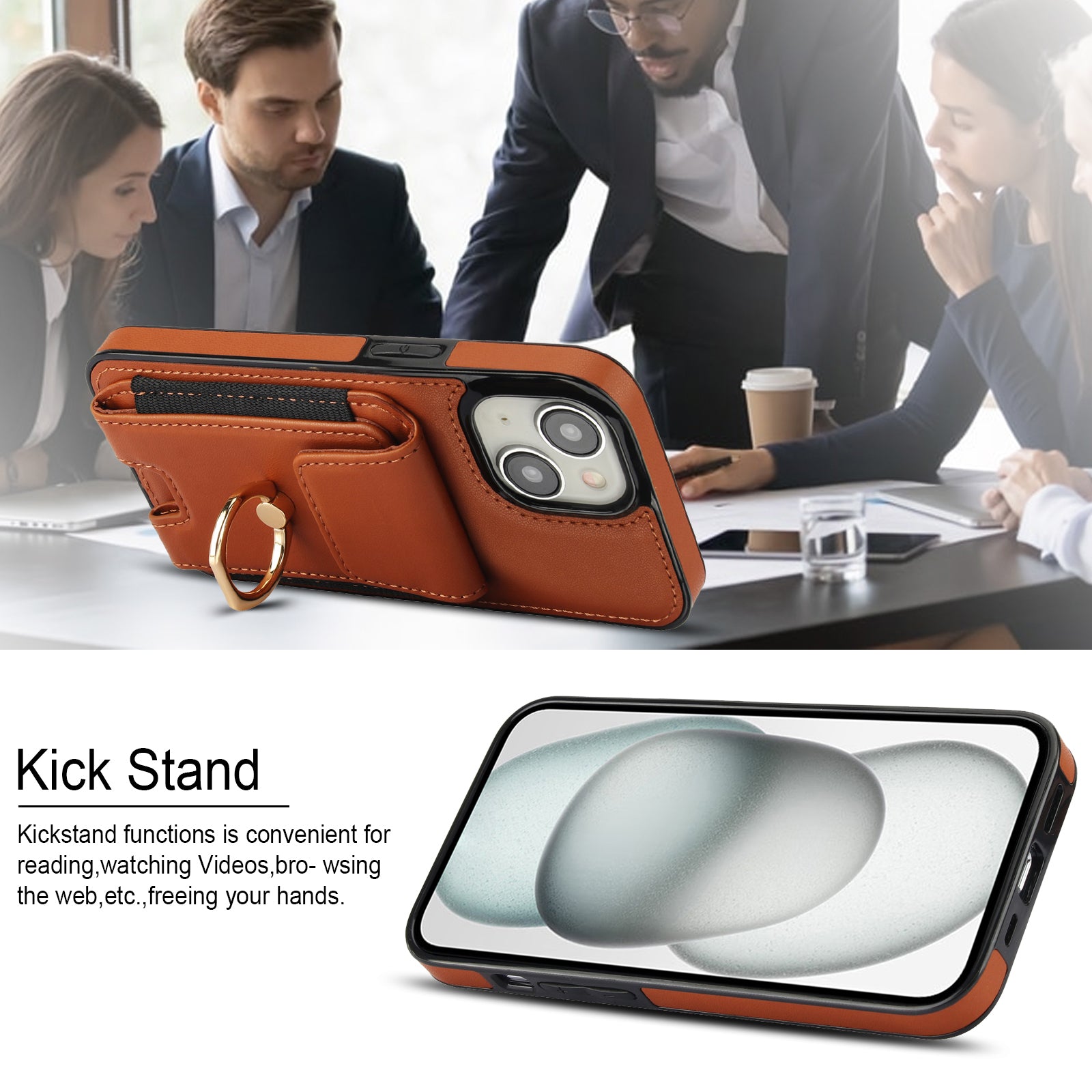 For iPhone 14 Case Card Holder Leather Coated TPU Shockproof Phone Cover with Ring Kickstand