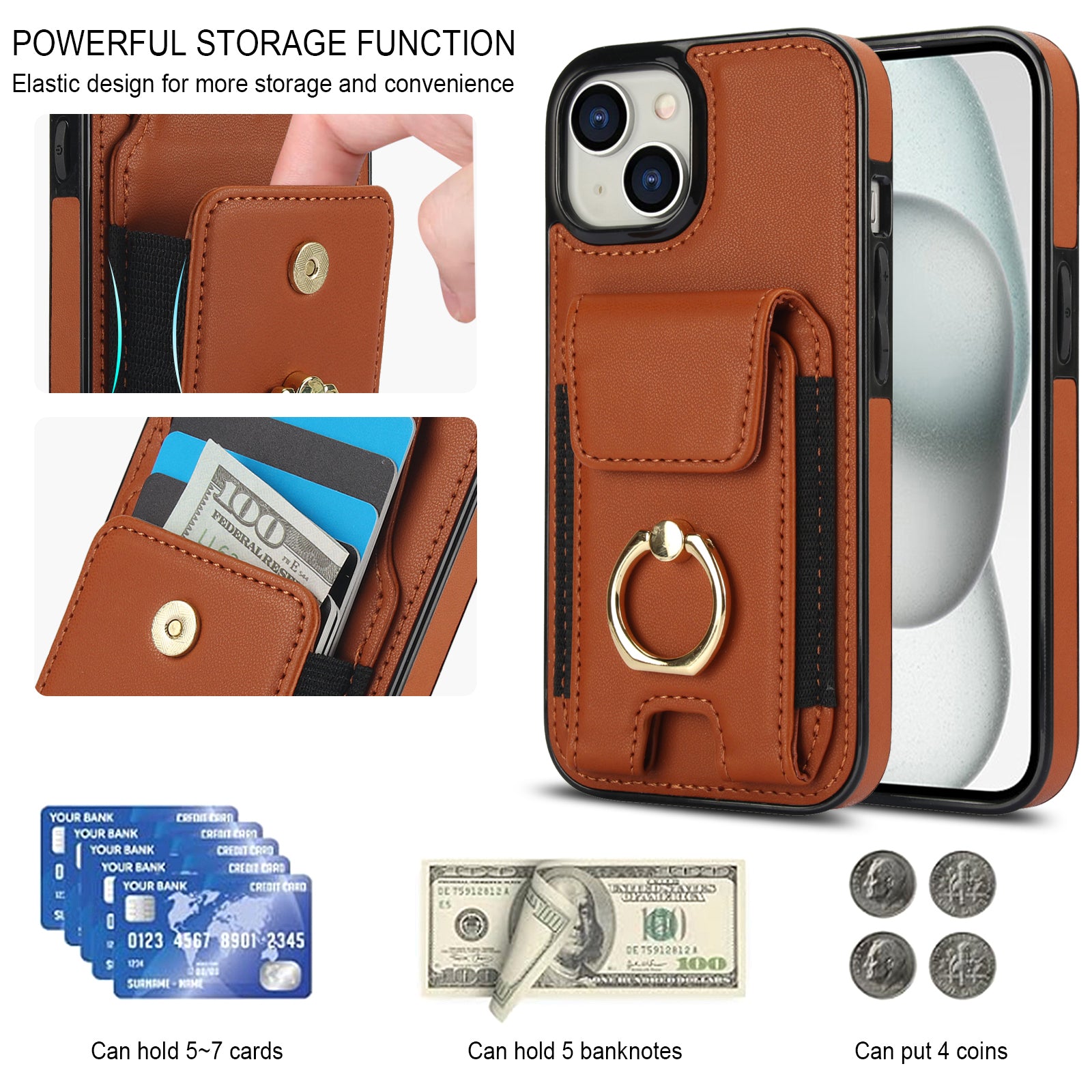 For iPhone 14 Case Card Holder Leather Coated TPU Shockproof Phone Cover with Ring Kickstand