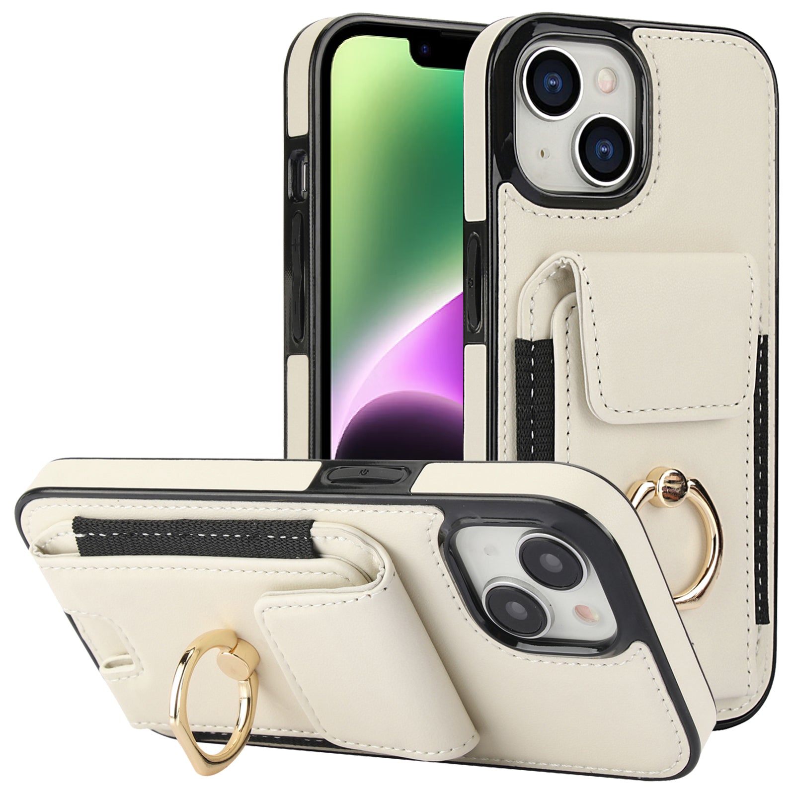 For iPhone 14 Case Card Holder Leather Coated TPU Shockproof Phone Cover with Ring Kickstand