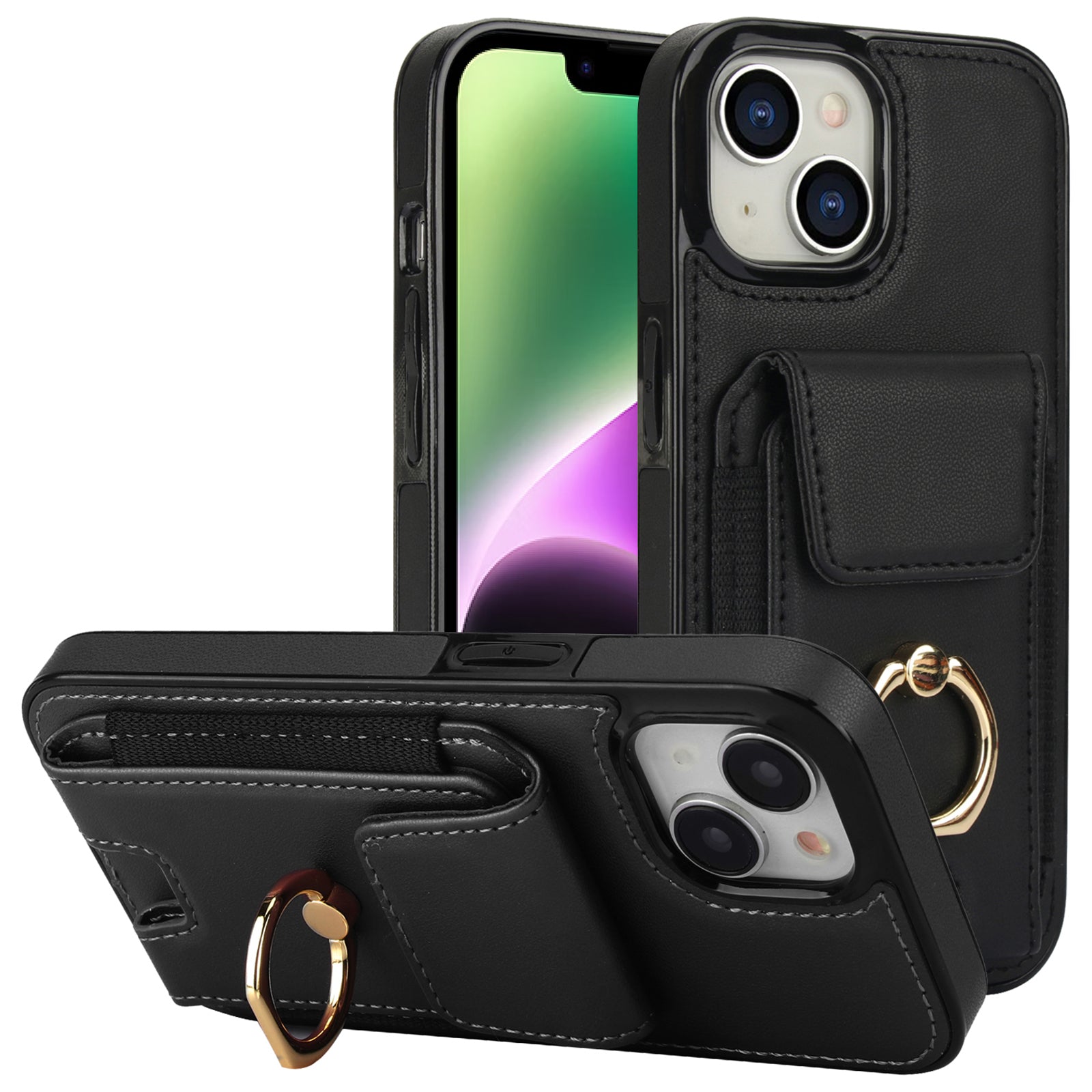 For iPhone 14 Case Card Holder Leather Coated TPU Shockproof Phone Cover with Ring Kickstand