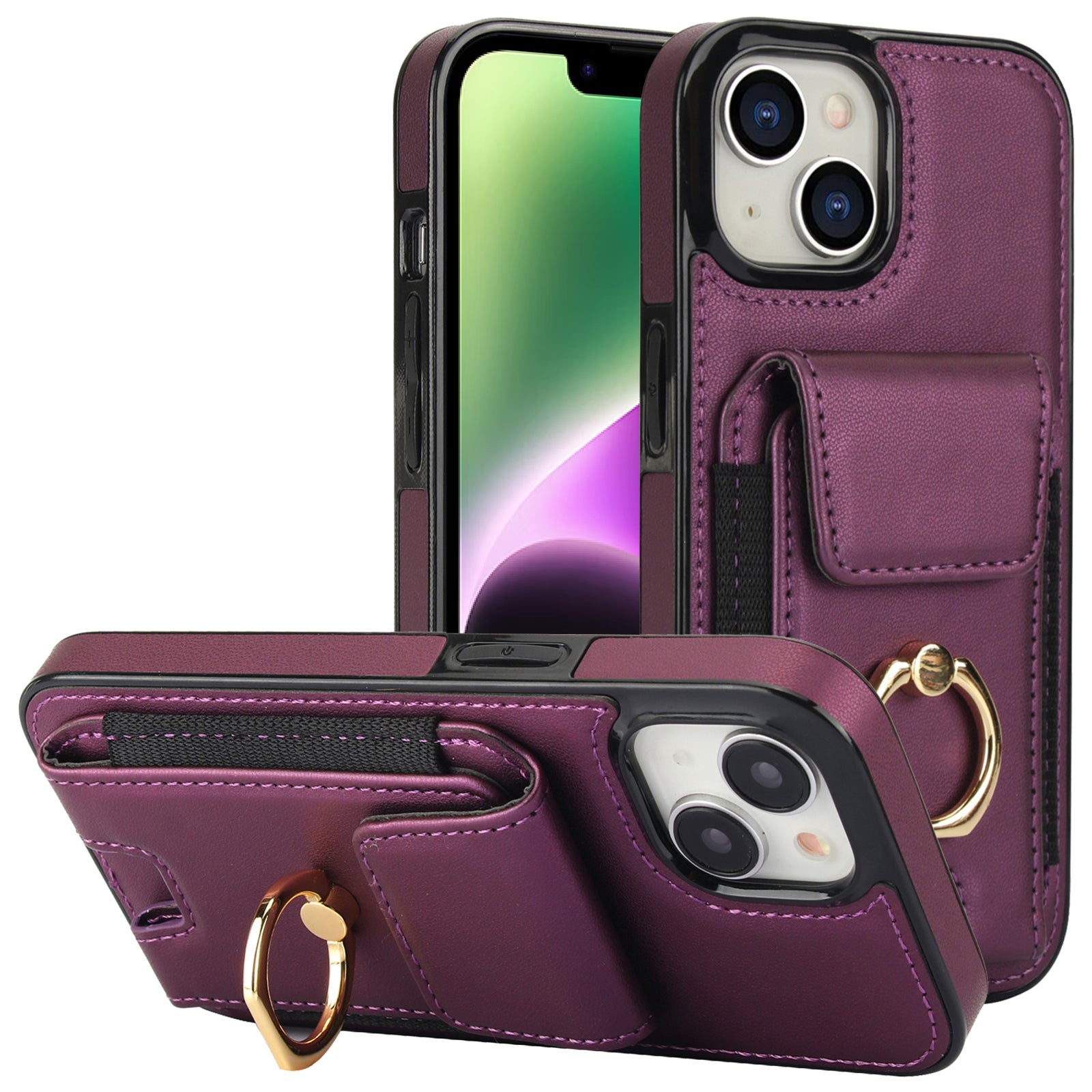 For iPhone 14 Case Card Holder Leather Coated TPU Shockproof Phone Cover with Ring Kickstand