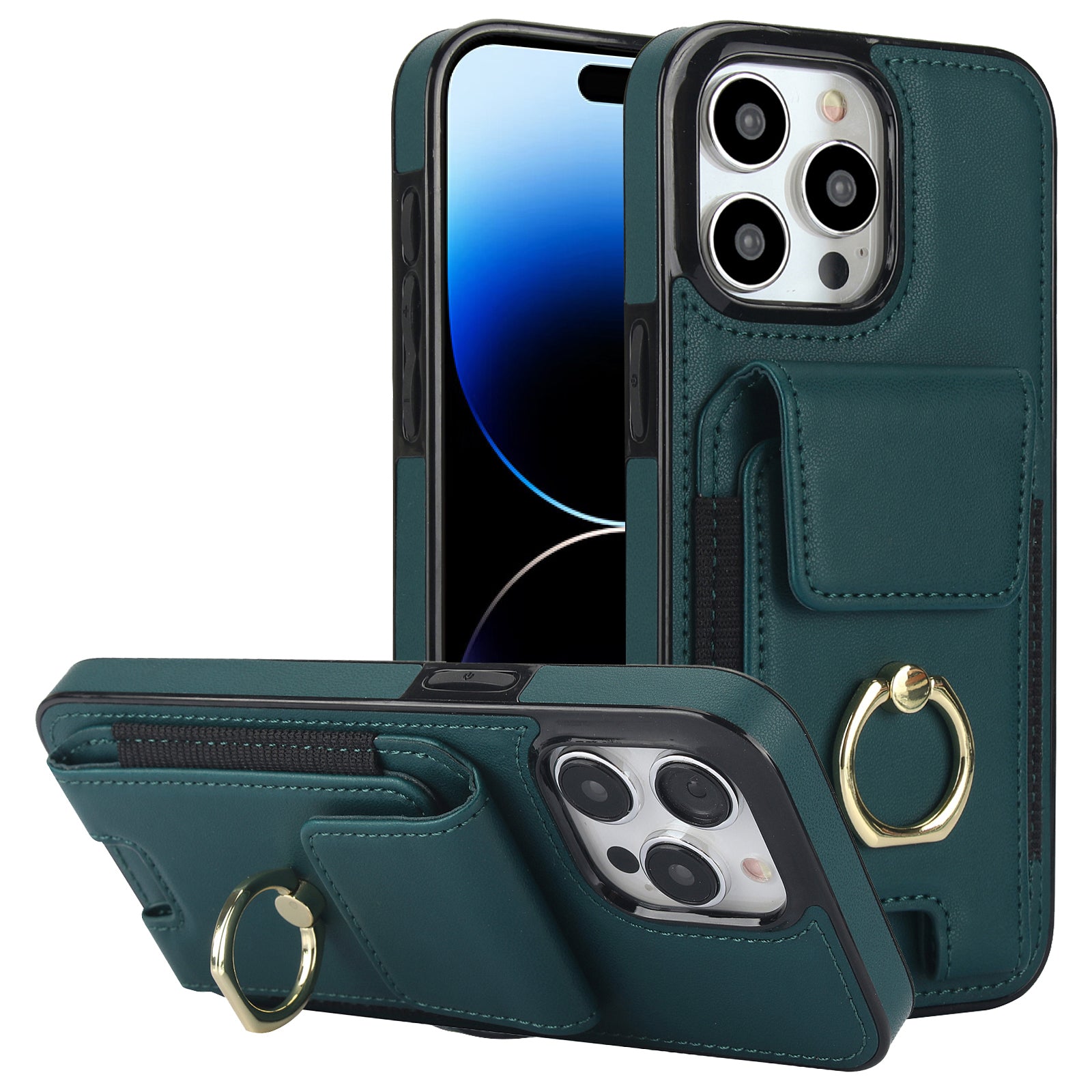 For iPhone 14 Pro Cover TPU Phone Protective Case Leather Card Holder with Ring Kickstand