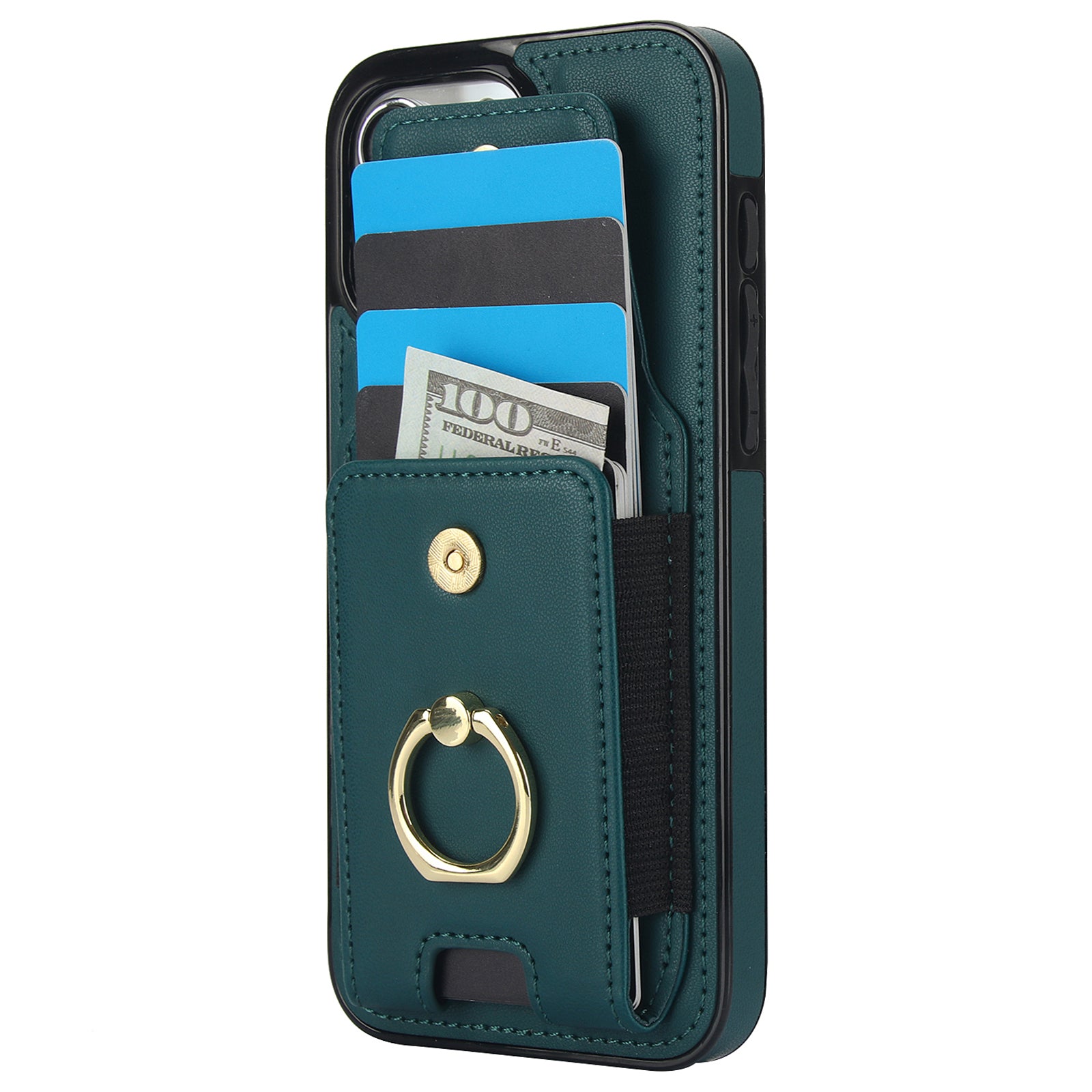 For iPhone 14 Pro Cover TPU Phone Protective Case Leather Card Holder with Ring Kickstand
