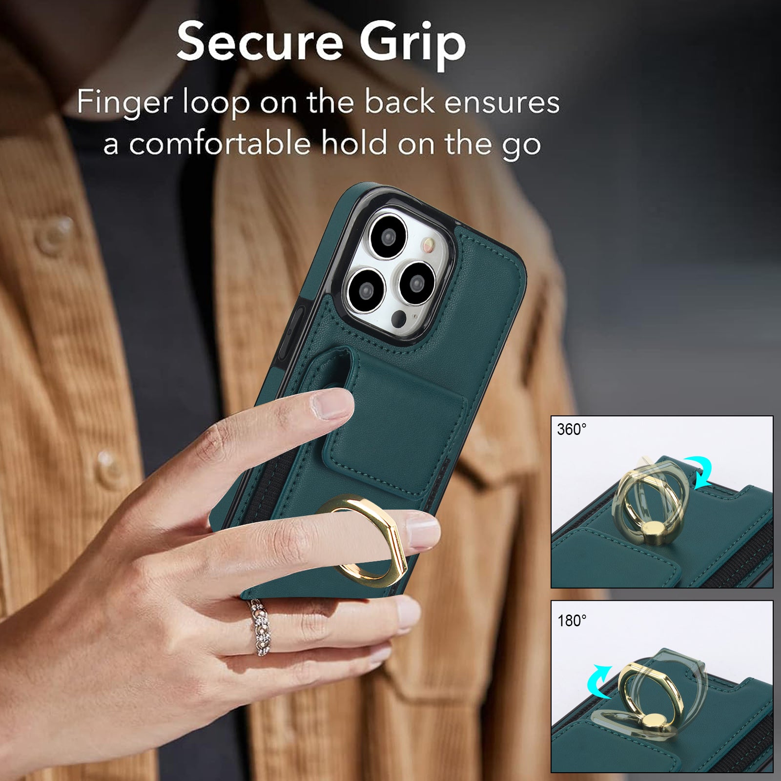 For iPhone 14 Pro Cover TPU Phone Protective Case Leather Card Holder with Ring Kickstand