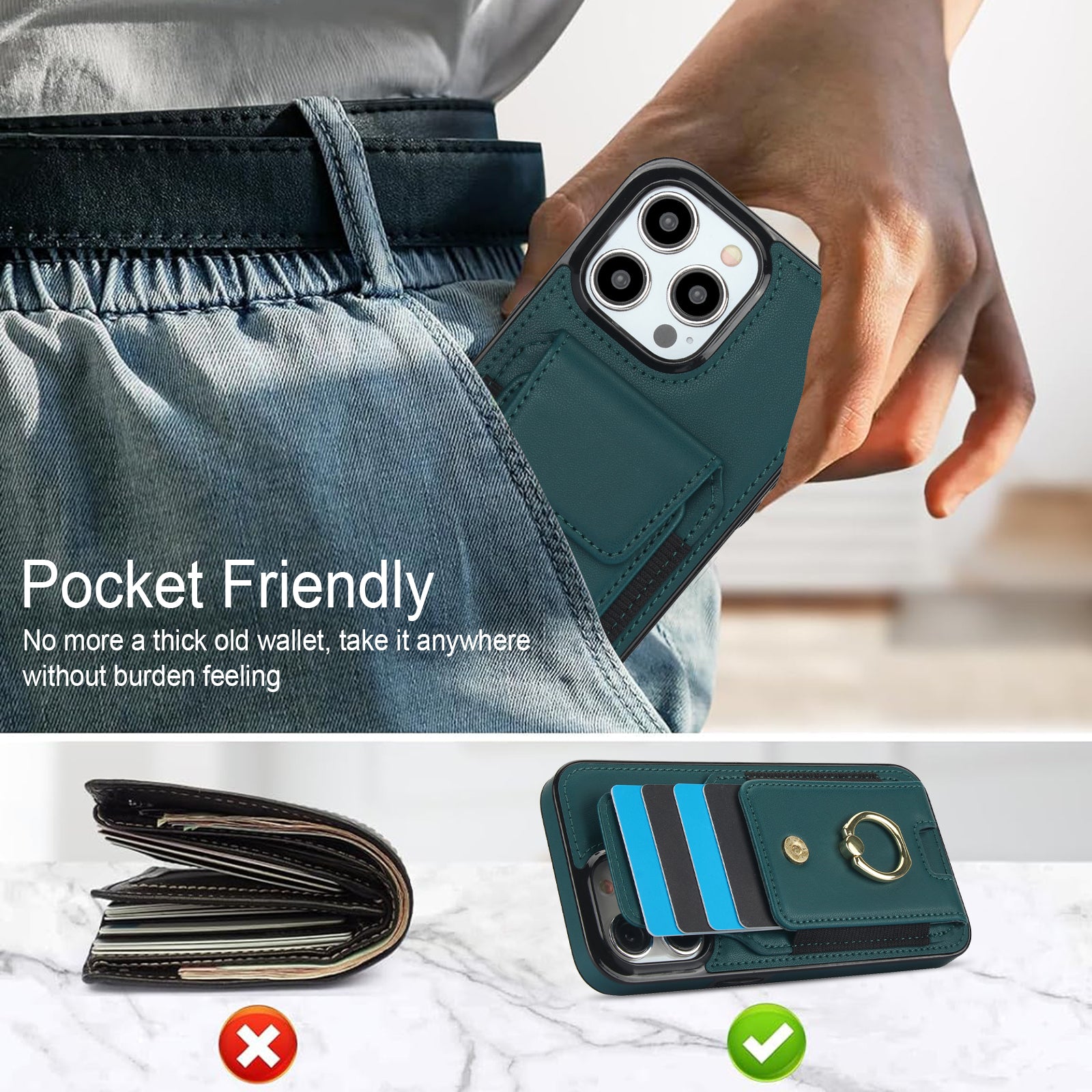 For iPhone 14 Pro Cover TPU Phone Protective Case Leather Card Holder with Ring Kickstand