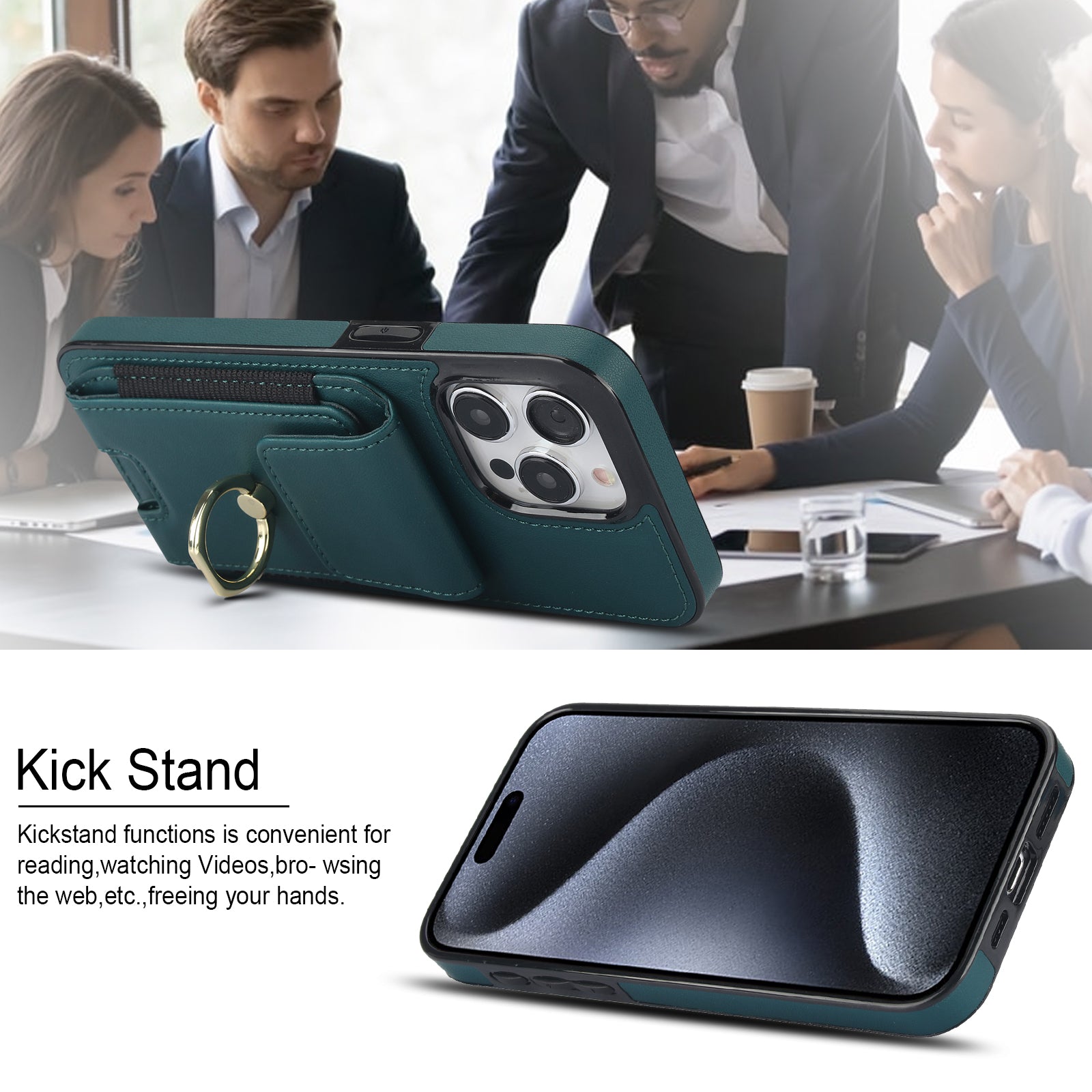 For iPhone 14 Pro Cover TPU Phone Protective Case Leather Card Holder with Ring Kickstand