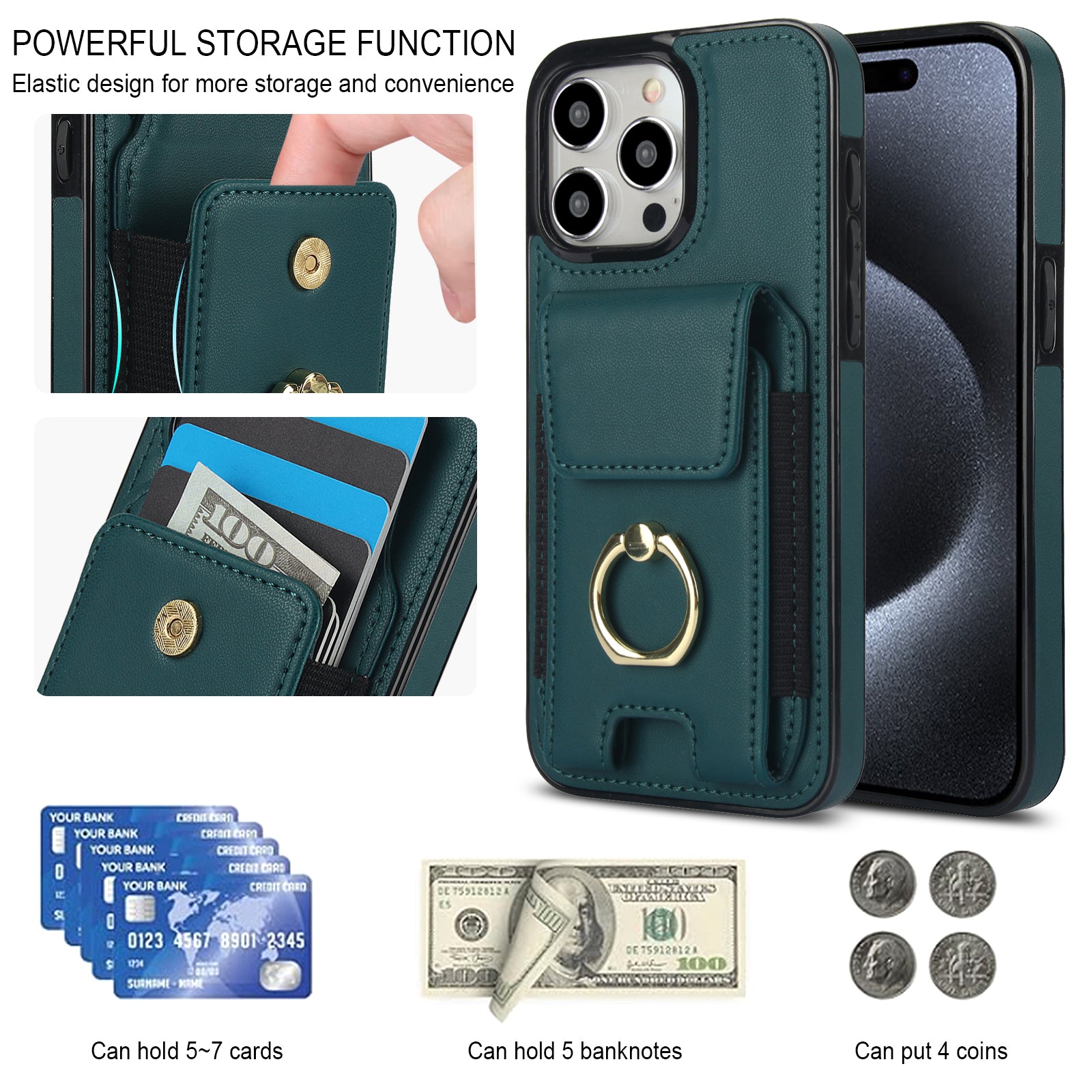 For iPhone 14 Pro Cover TPU Phone Protective Case Leather Card Holder with Ring Kickstand